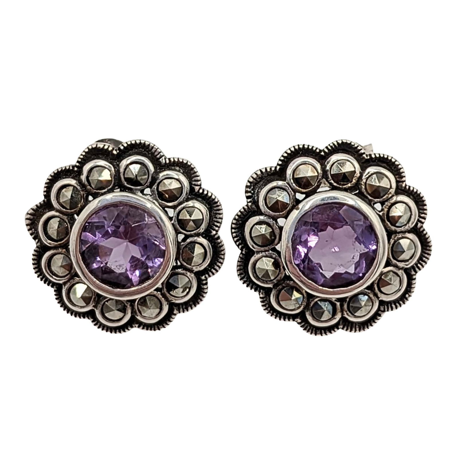 Signed Sterling Silver Amethyst Marcasite Floral Stud Earrings: Signed Sterling Silver, Amethyst, Marcasite Milgrain Detail Floral Stud Earrings. Signed A 925. 5.7g
