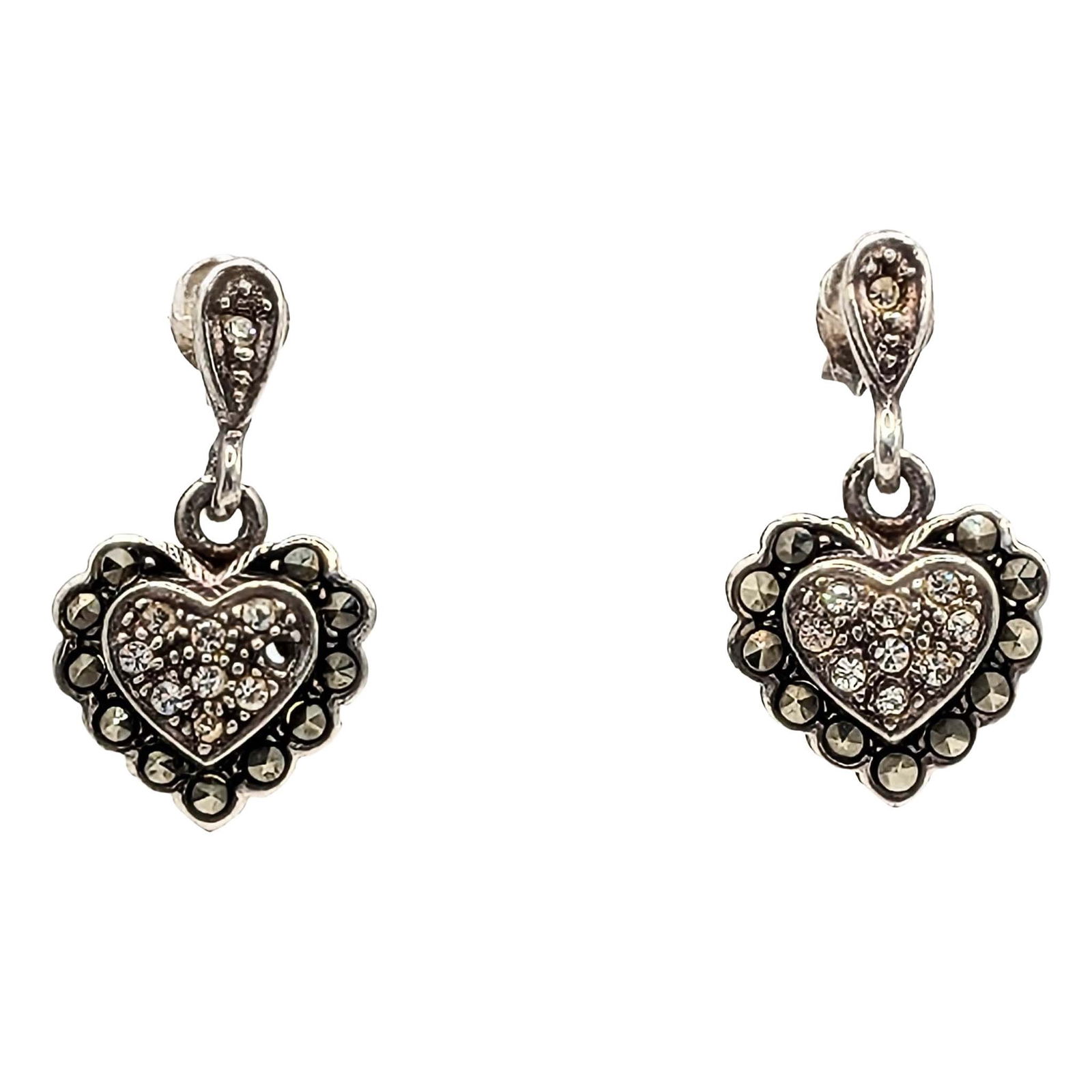 Sterling Silver Marcasite Rhinestone Heart Dangle Stud Earrings: Sterling Silver, Marcasite, Rhinestone Heart Dangle Stud Earrings. Signed 925. 2.9g