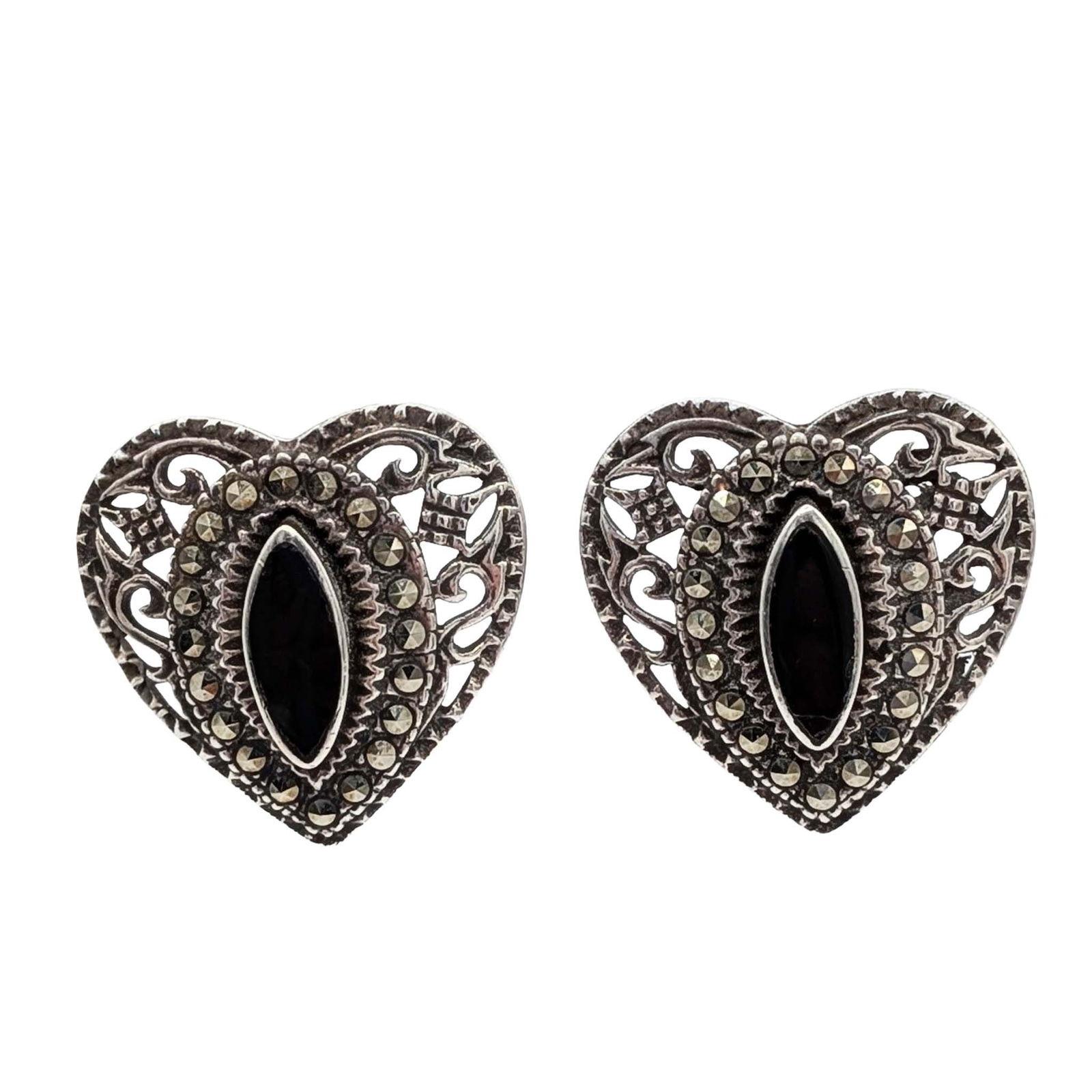 Signed Sterling Silver Onyx Marcasite Heart Stud Earrings: Signed Sterling Silver, Onyx, Marcasite Heart Stud Earrings. Signed V 925 Thailand. 6.7g