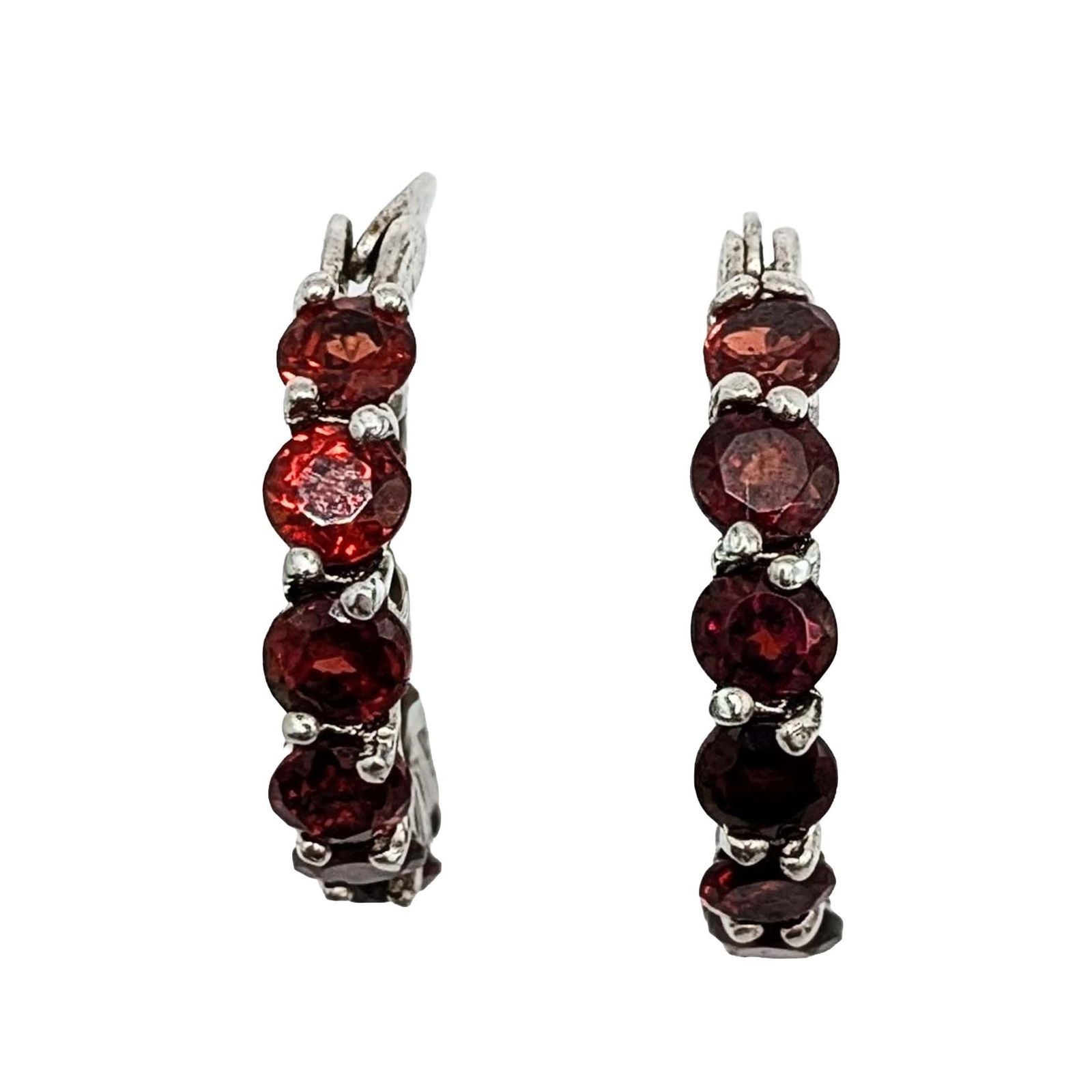 Sterling Silver Garnet Hoop Earrings: Sterling Silver Garnet Hoop Earrings. Signed 925 China. 3.9g