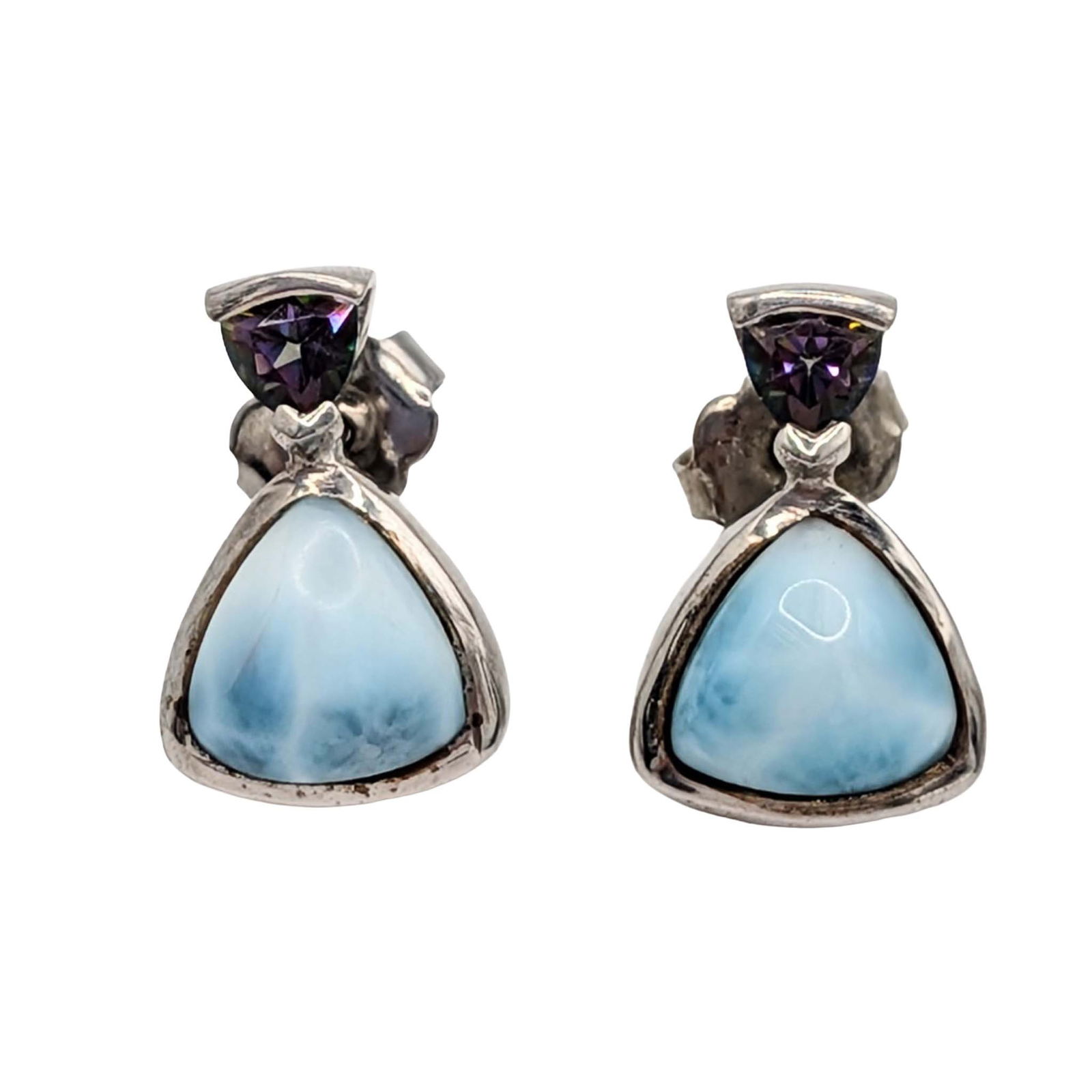 Sterling Silver Topaz Larimar Stud Earrings: Sterling Silver, Topaz, Larimar Stud Earrings with Floral cut out detail on back. Signed 925