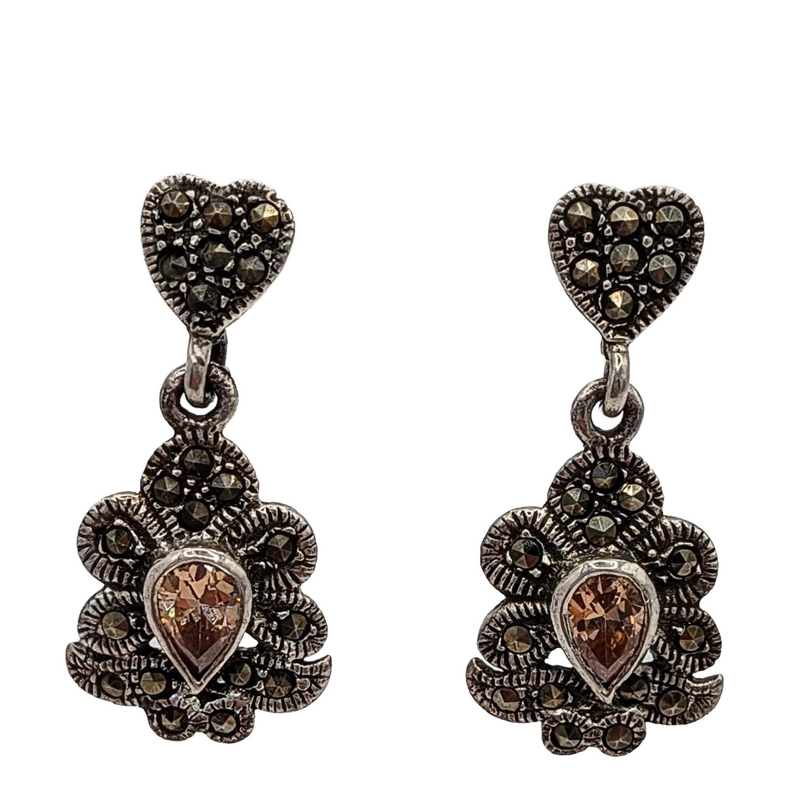 Signed Sterling Silver Marcasite CZ Heart Dangle Earrings (1 of 3)