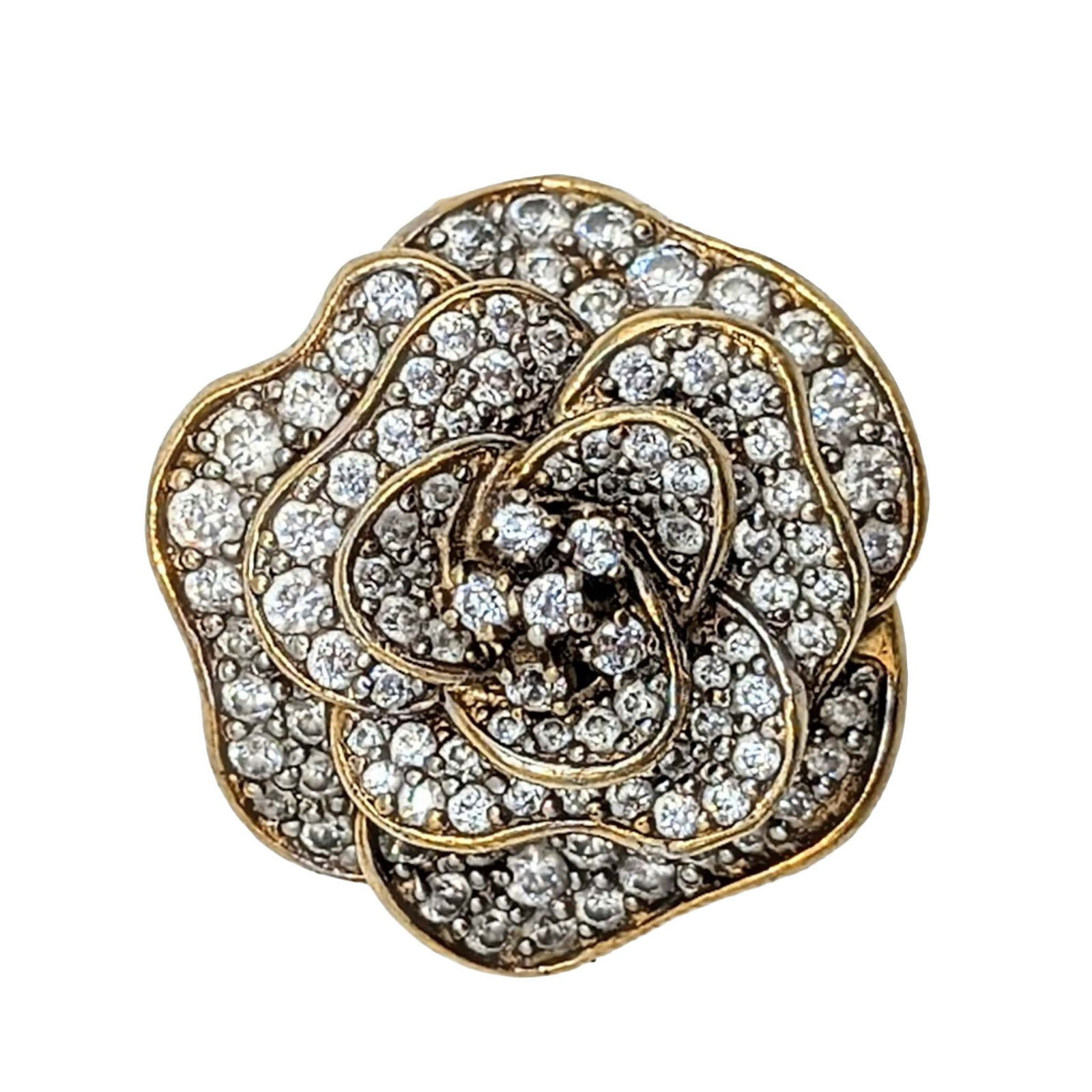 Signed Gold Over Sterling Silver CZ Rose Ring: Signed Gold Over Sterling Silver, CZ Rose Ring. Size 8. Signed SW 925 CZ China. 12.8g