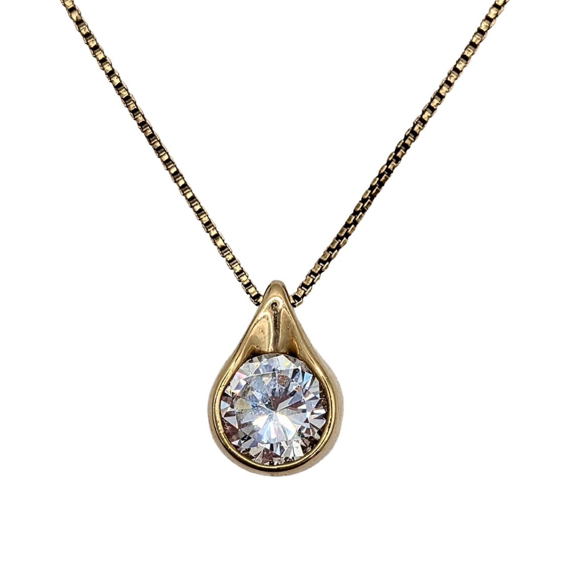 Signed Italian 14KT Gold Over Sterling CZ Drop Pendant Necklace: Signed 14KT Yellow Gold over Sterling Silver, CZ Drop Pendant Necklace. 20in Length 1mm Box Chain. Signed SA 925 Made in Italy. 4g