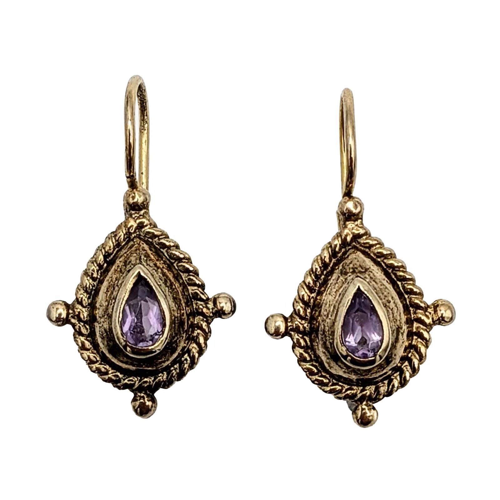 Gold Over Sterling Silver Amethyst Hook Back Drop Earrings: Gold Over Sterling Silver, Amethyst Hook Back Drop Earrings. 3.8g