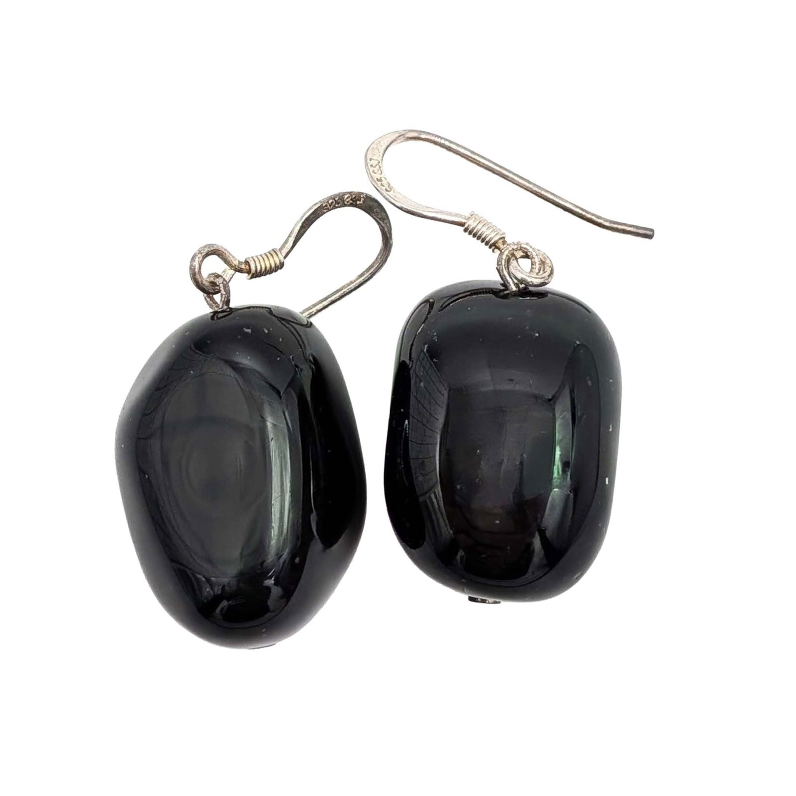 GSJ Sterling Silver Onyx Tumbled Bead Dangle Earrings: GSJ Sterling Silver, Onyx Tumbled Bead Dangle Earrings. Signed GSJ 925. 13.3g