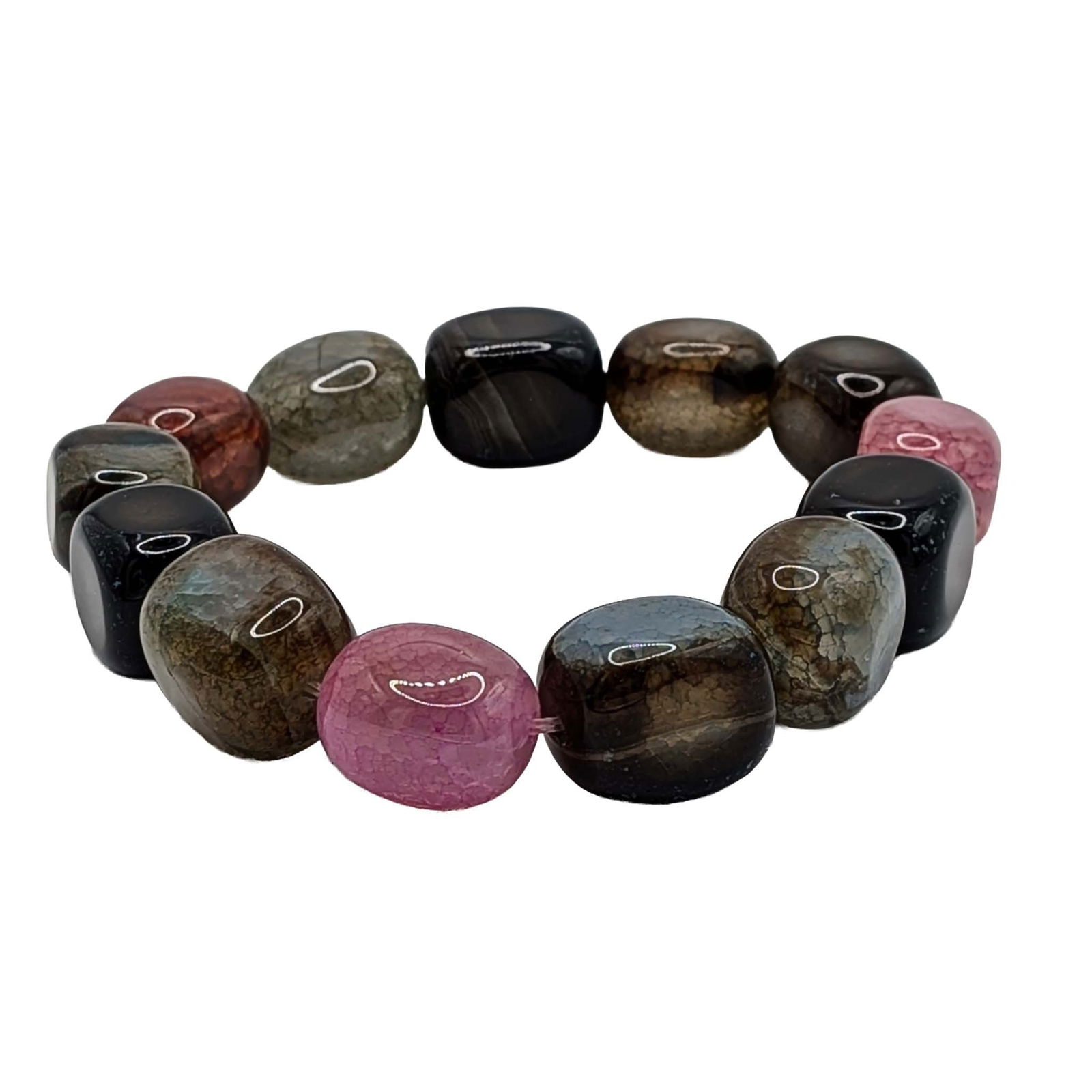 Jay King Sterling Silver Agate Tumbled Bead Bracelet: Jay King Mine Finds Sterling Silver, Multi Colored Agate Tumbled Bead Stretch Bracelet. Sterling Tag Signed DTR 925 China. 54.7g