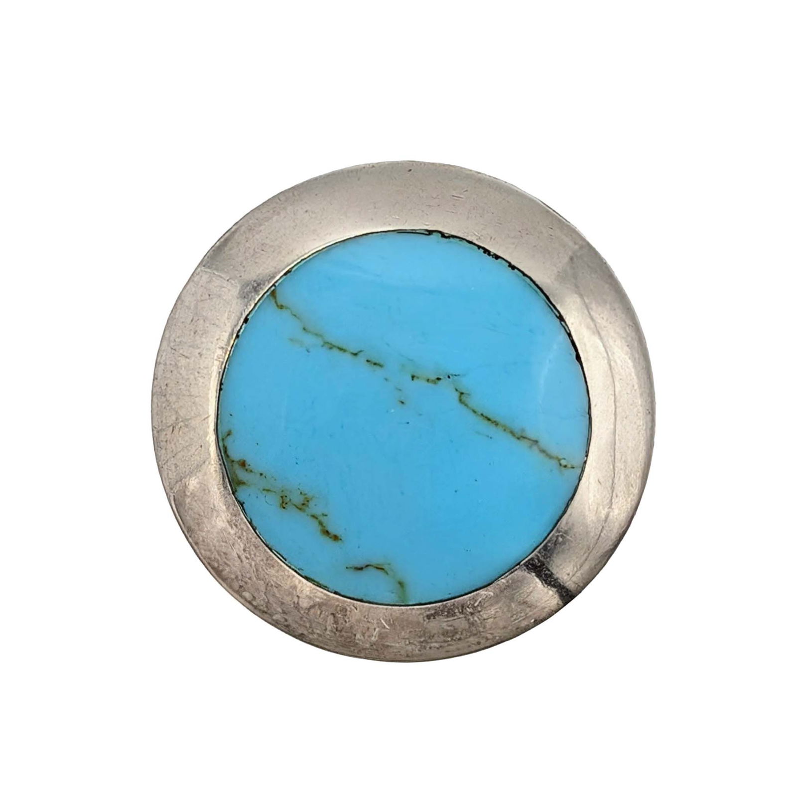 Sterling Silver Turquoise Round Inlay Ring: Sterling Silver, Turquoise Round Inlay Ring. Size 7.25. Signed 950. 5.3g