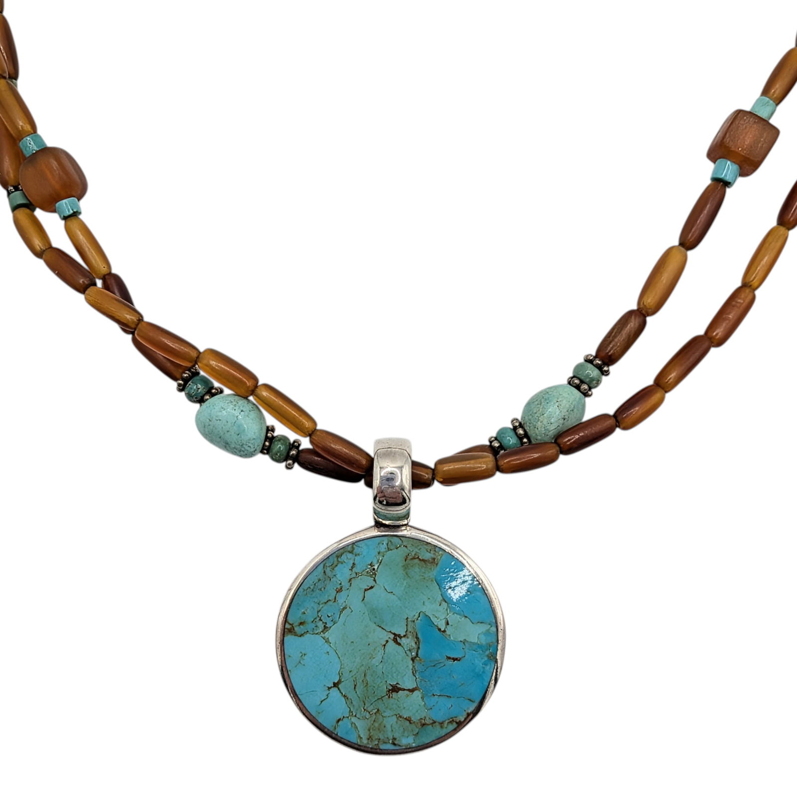 Signed Sterling Silver Turquoise Glass Bead Necklace: Signed Sterling Silver, Turquoise, Glass Beaded Pendant Necklace. 18-21in Length (adjustable) Signed CSX 925 Thailand. 25.7g