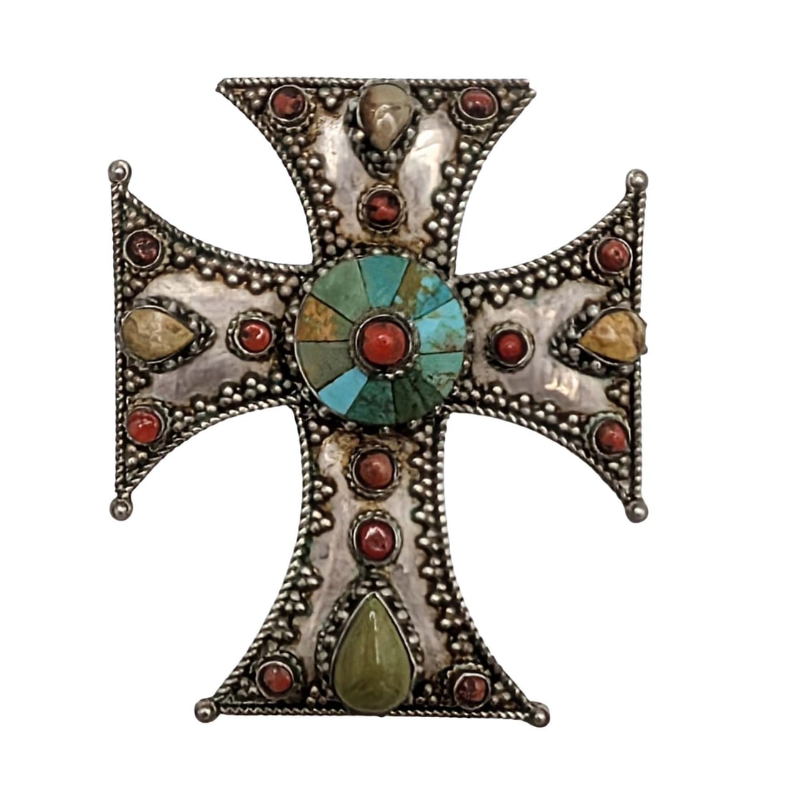 Vintage Sterling Silver Multi Gemstone Cross Pendant: Vintage Sterling Silver, Coral, Turquoise, Jasper Large Cross Pendant. Signed 925. 50.2g
