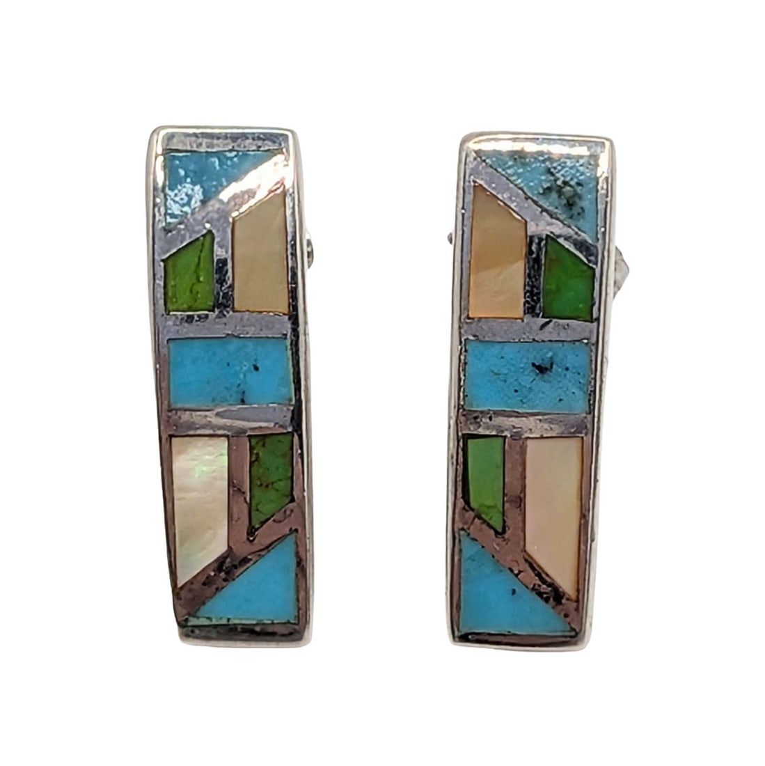 Signed Sterling Turquoise Mother of Pearl Inlay Bar Stud Earrings: Signed Sterling Silver, Turquoise, Mother of Pearl Inlay Bar Earrings. Signed EC 925. 2.8g