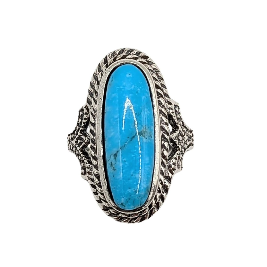 Signed Southwest Sterling Silver Turquoise Oval Ring: Signed Sterling Silver, Turquoise Braided Detail Oval Ring. Size 6.25. Signed RD 925. 5.1g