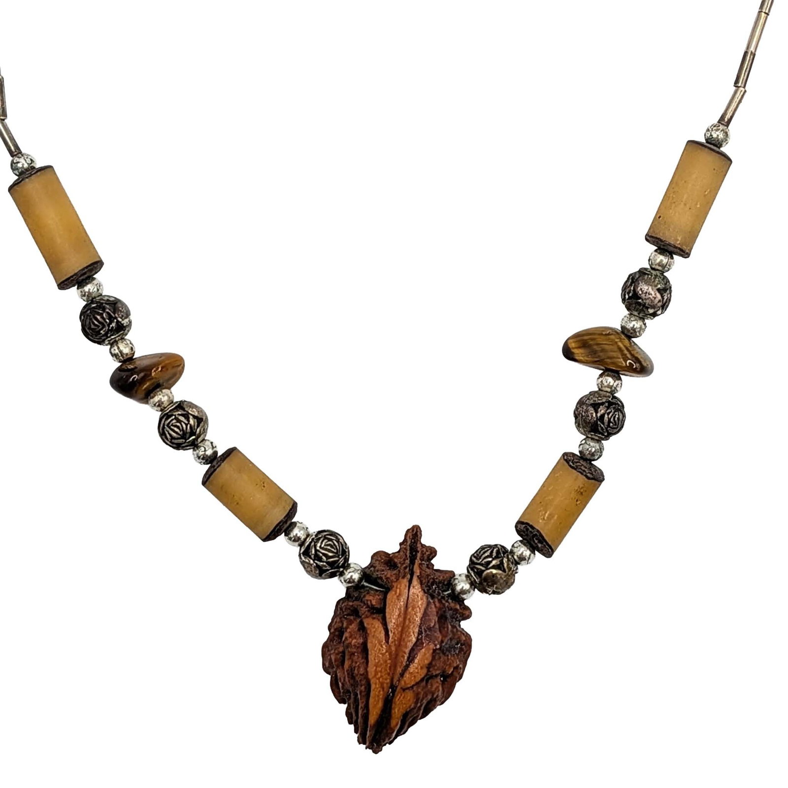 Sterling Silver Tigers Eye Bone Turquoise Inlay Peach Pit Necklace: Handmade Sterling Silver, Tigers Eye, Bone, Turquoise Inlay, Peach Pit Beaded Necklace. 19in Length. Unsigned. 10.6g