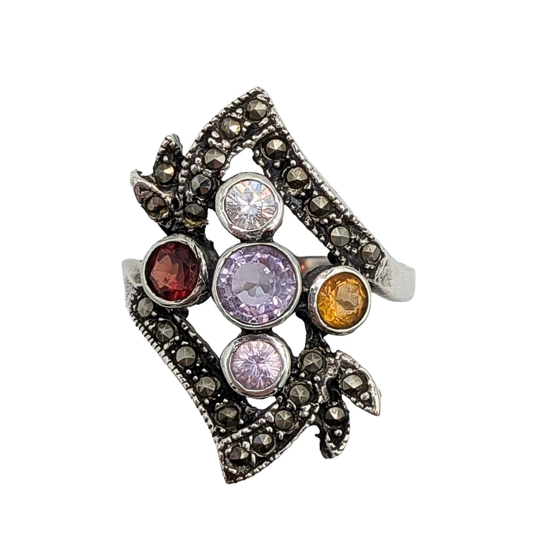 Sterling Silver Multi Gemstone Cocktail Ring: Sterling Silver, Amethyst, Citrine, Granet, Tourmaline, CZ, Marcasite Cocktail Ring. Size 9. Signed 925. 4.1g