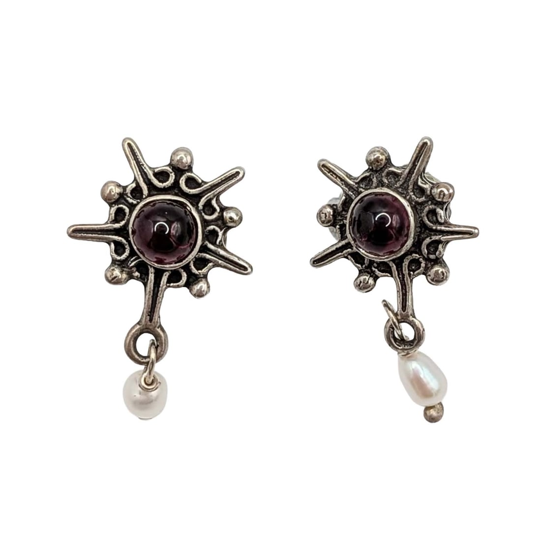 Sterling Silver Garnet Pearl Dangle Sunburst Stud Earrings: Sterling Silver, Garnet, Pearl Dangle Sunburst Stud Earrings. Signed 925. 3.6g