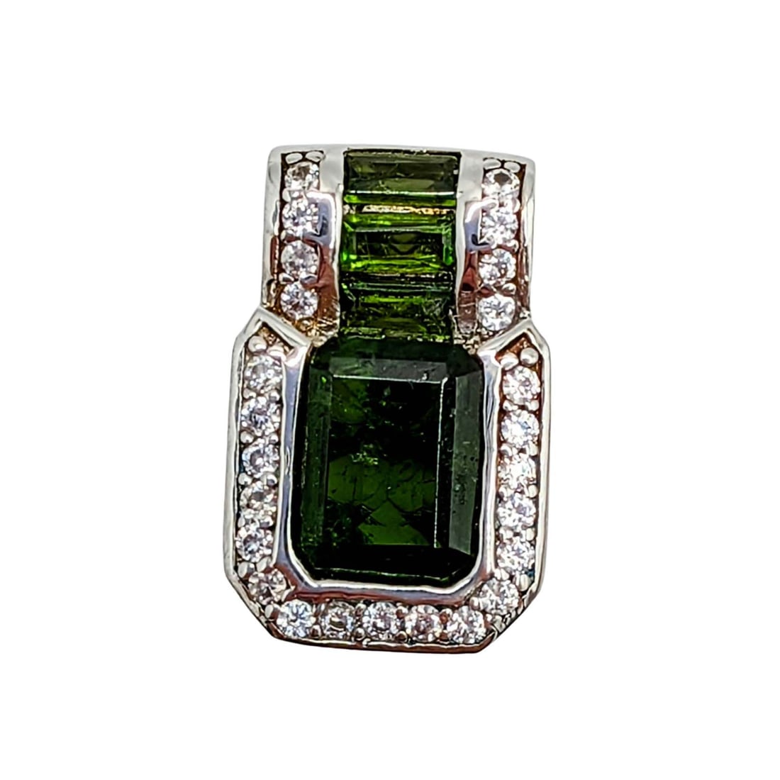 Signed Sterling Silver Emerald Topaz Deco Pendant: Signed Sterling Silver, Emerald, Topaz Rectangle Deco Pendant. Signed BBJ 925. 2.8g