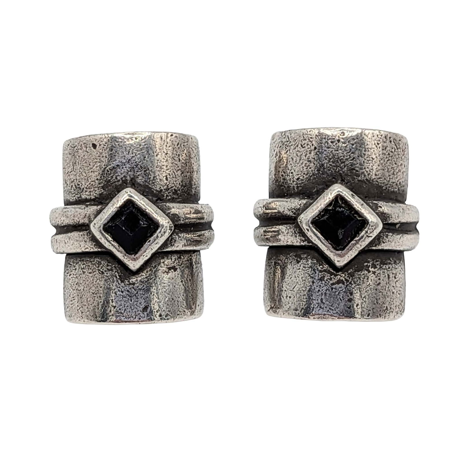 Sterling Silver Onyx Geometric Stud Earrings: Sterling Silver, Onyx Geometric Stud Earrings. Signed 925. 5.8g