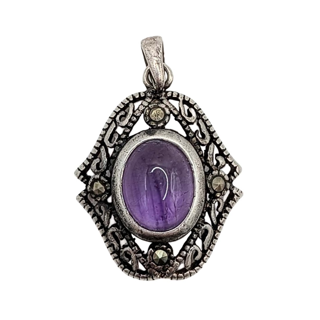 Signed Sterling Silver Amethyst Marcasite Scroll Cut Pendant: Signed Sterling Silver, Amethyst, Marcasite Scroll Cut Pendant. Signed 925 DBJ. 3g