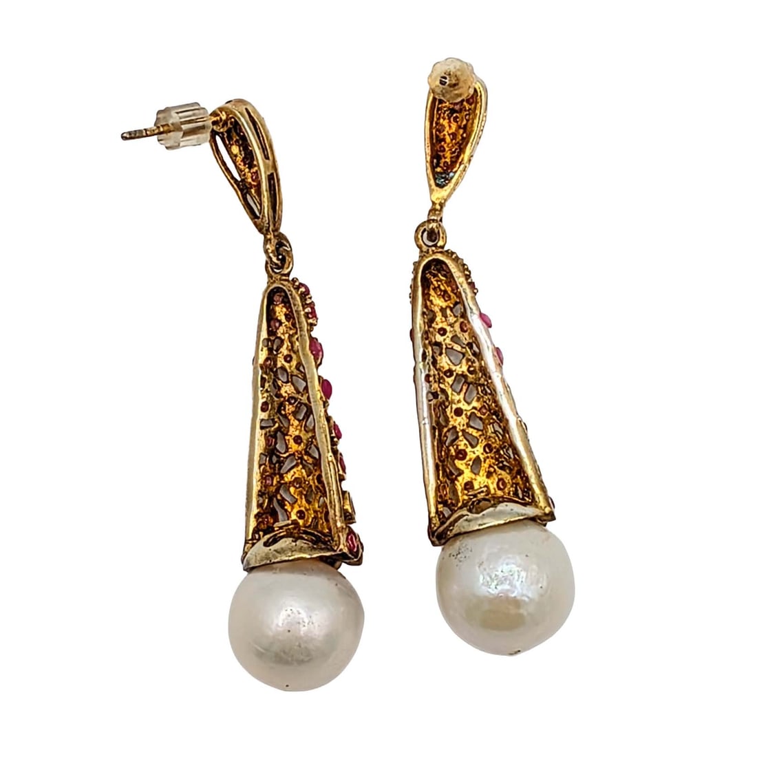 Gold Over Sterling Silver Ruby Pearl Dangle Stud Earrings - 4