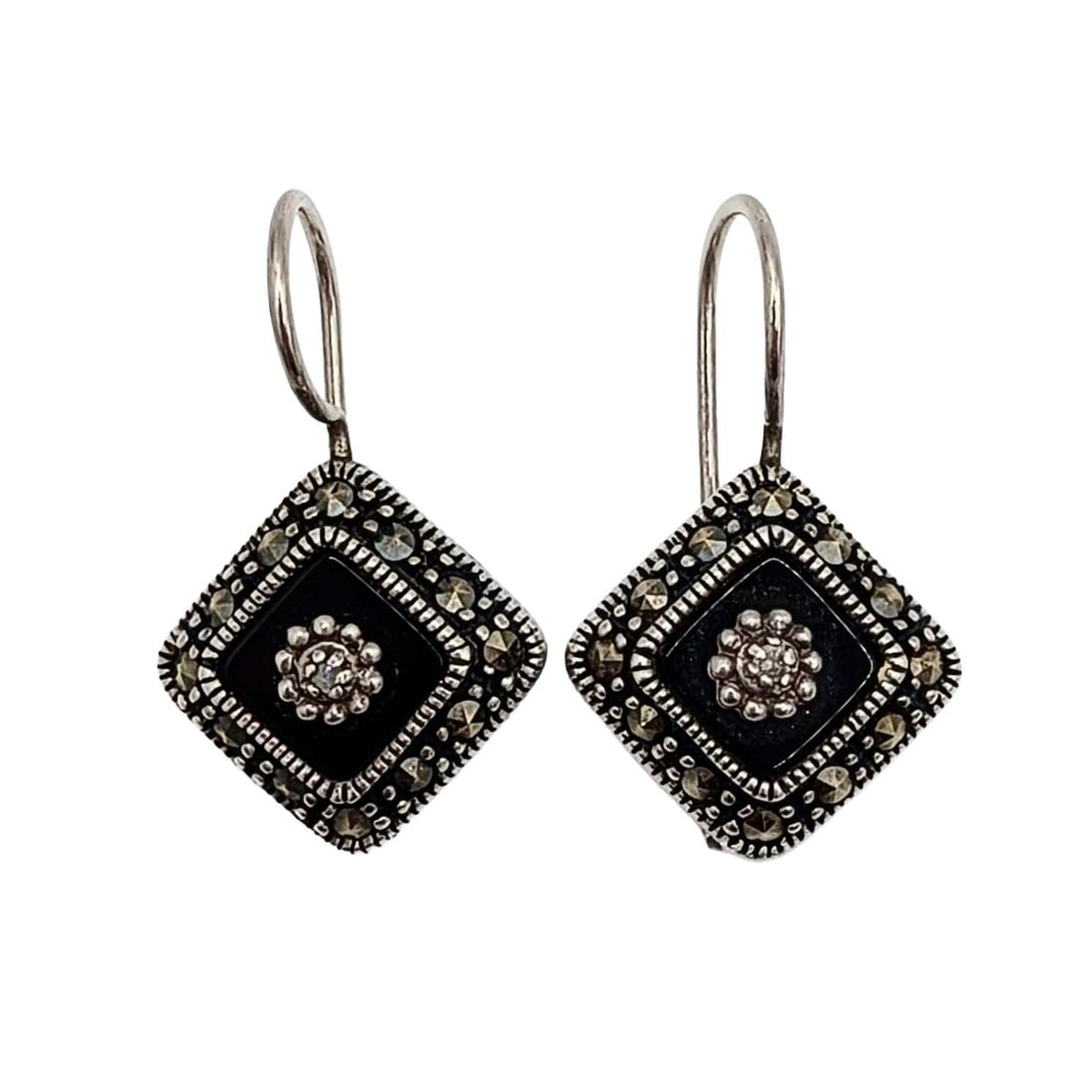 Signed Sterling Diamond Onyx Marcasite Deco Drop Earrings: Signed Sterling Silver, Diamond, Onyx, Marcasite Deco Drop Hook Back Earrings. Signed A 925 China. 5g