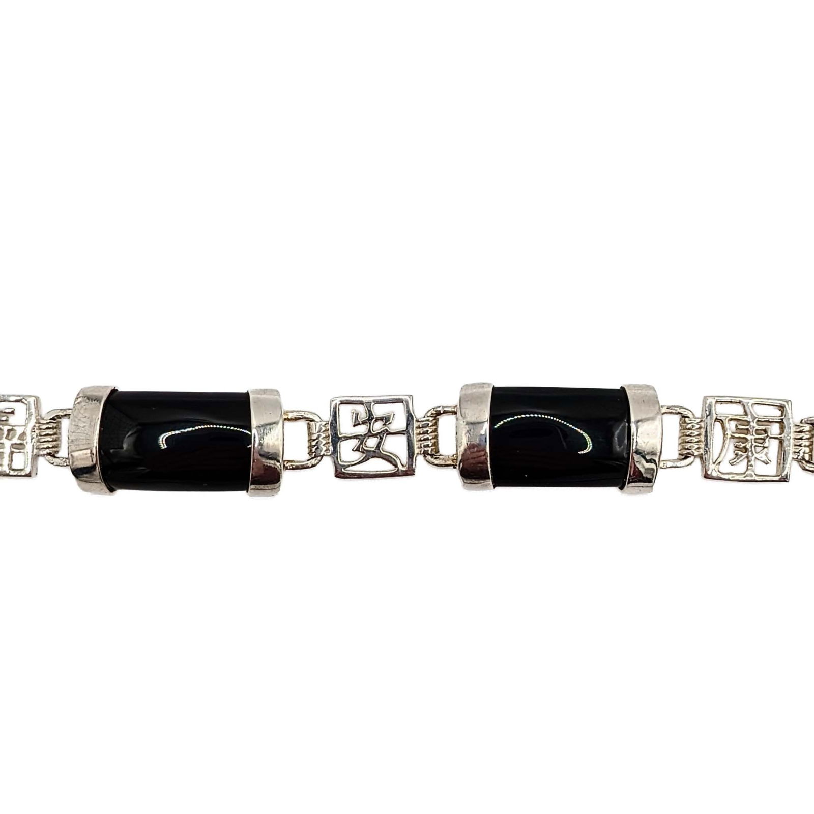 Signed Sterling Silver Onyx Chinese Character Link Bracelet: Signed Sterling Silver, Onyx Chinese Character Link Bracelet. 9.5in Length. Signed A 925. 17.1g