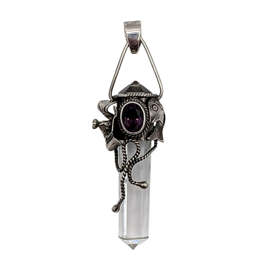 Sterling Silver Amethyst Quartz Crystal Pendant: Sterling Silver, Amethyst, Quartz Crystal Flower and Fish Detail Pendant. Signed 925. 13.3g