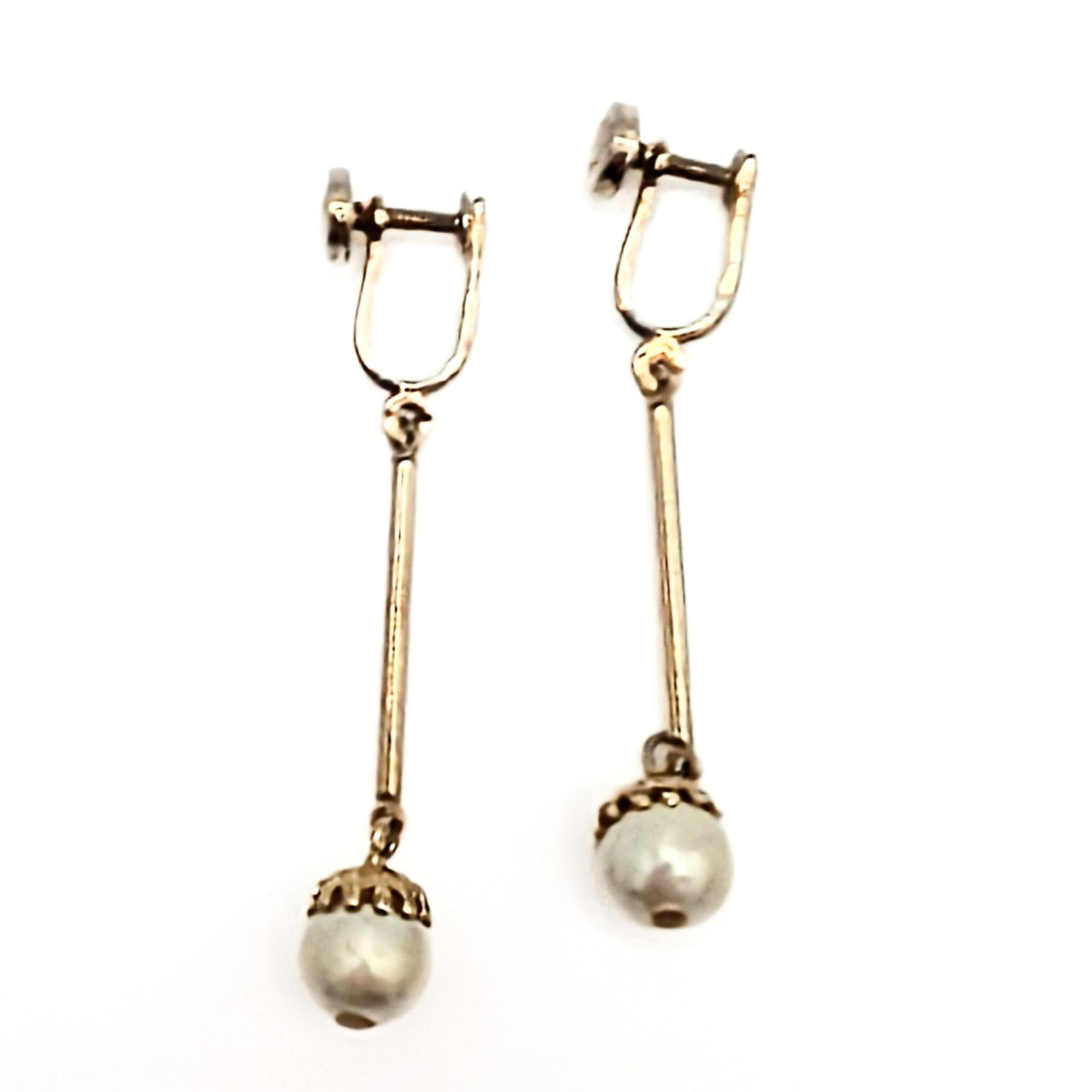 Vintage Vermeil Silver Faux Pearl Screw Back Earrings: Vintage Vermeil Sterling Silver, Faux Pearl Screw Back Dangle Costume Earrings. Signed Sterling. 3.2g