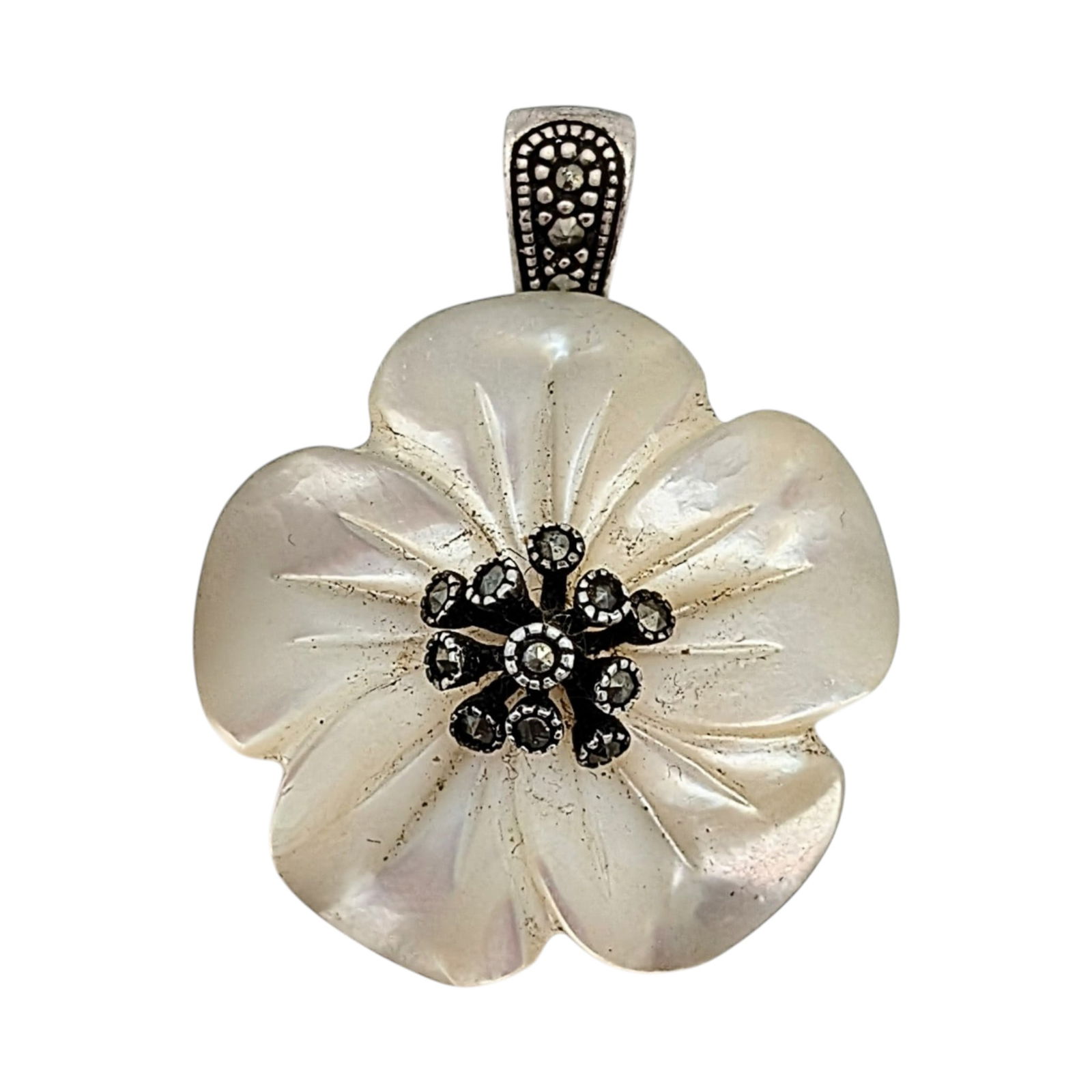Signed Sterling Silver Marcasite Mother of Pearl Flower Pendant: Signed Sterling Silver, Marcasite, Mother of Pearl Flower Pendant. Signed OV 925 China. 10.5g