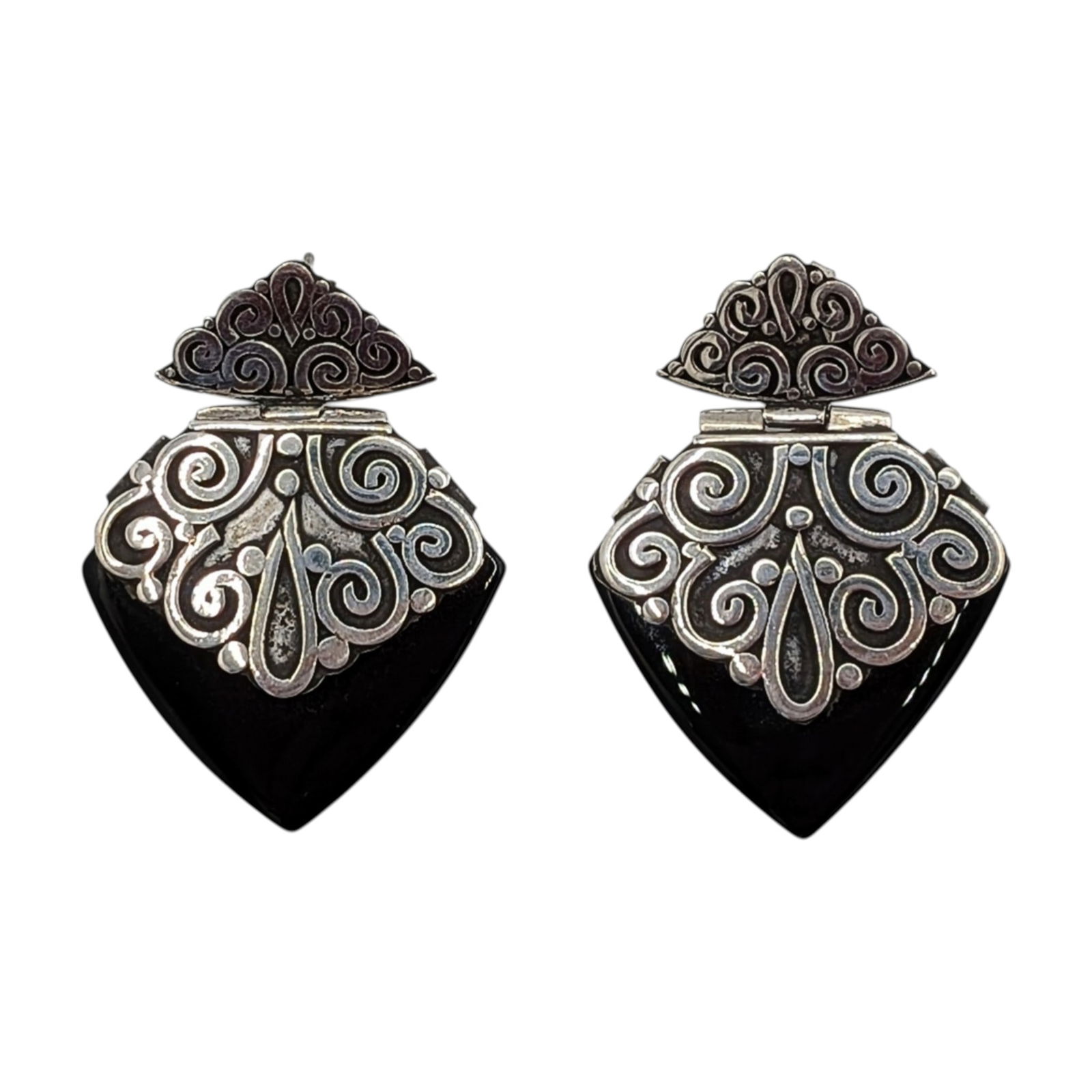 Sterling Silver Onyx Hinged Shield Stud Earrings: Sterling Silver, Onyx Hinged Shield Stud Earrings. Signed 925. 19.1g