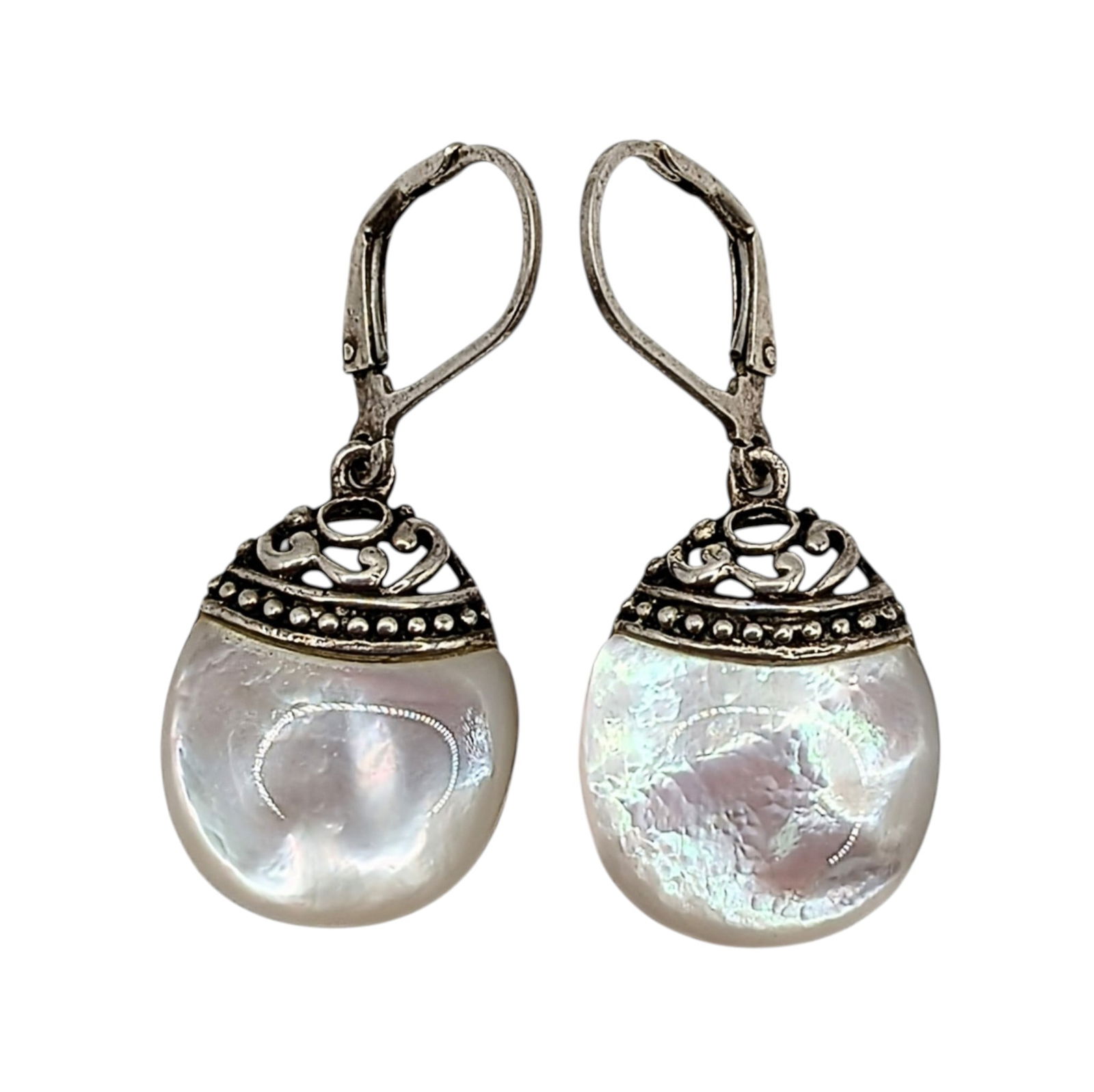 Signed Sterling Silver Mother of Pearl Dangle Drop Earrings: Signed Sterling Silver, Mother of Pearl Scroll Cut Back Drop Dangle Earrings. Signed CFJ 925 Thai. 6g