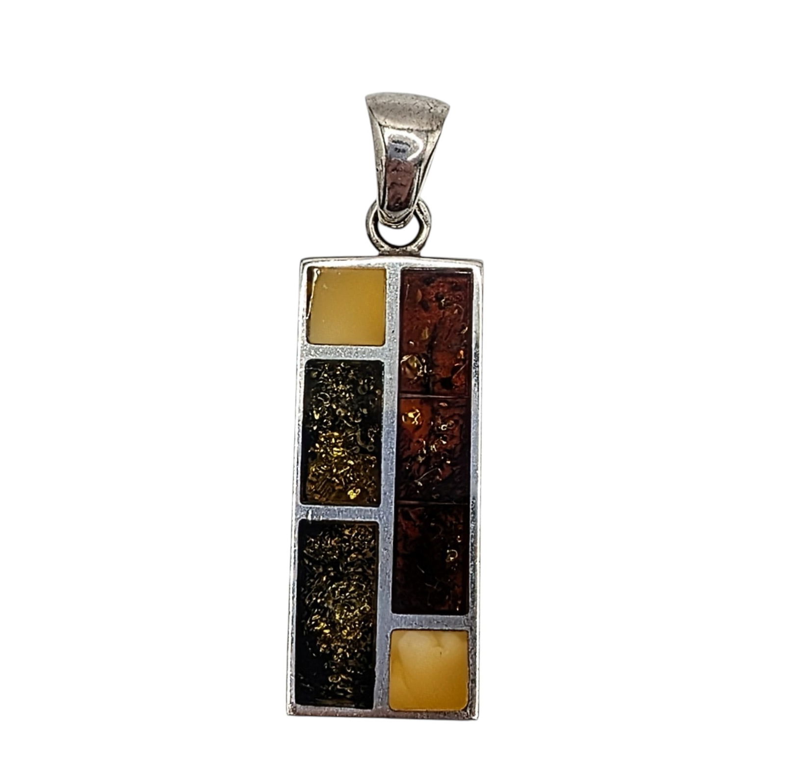 Sterling Silver Mixed Amber Inlay Pendant: Sterling Silver, Green, Butterscotch, Golden Amber Inlay Pendant. Signed 925. 7g