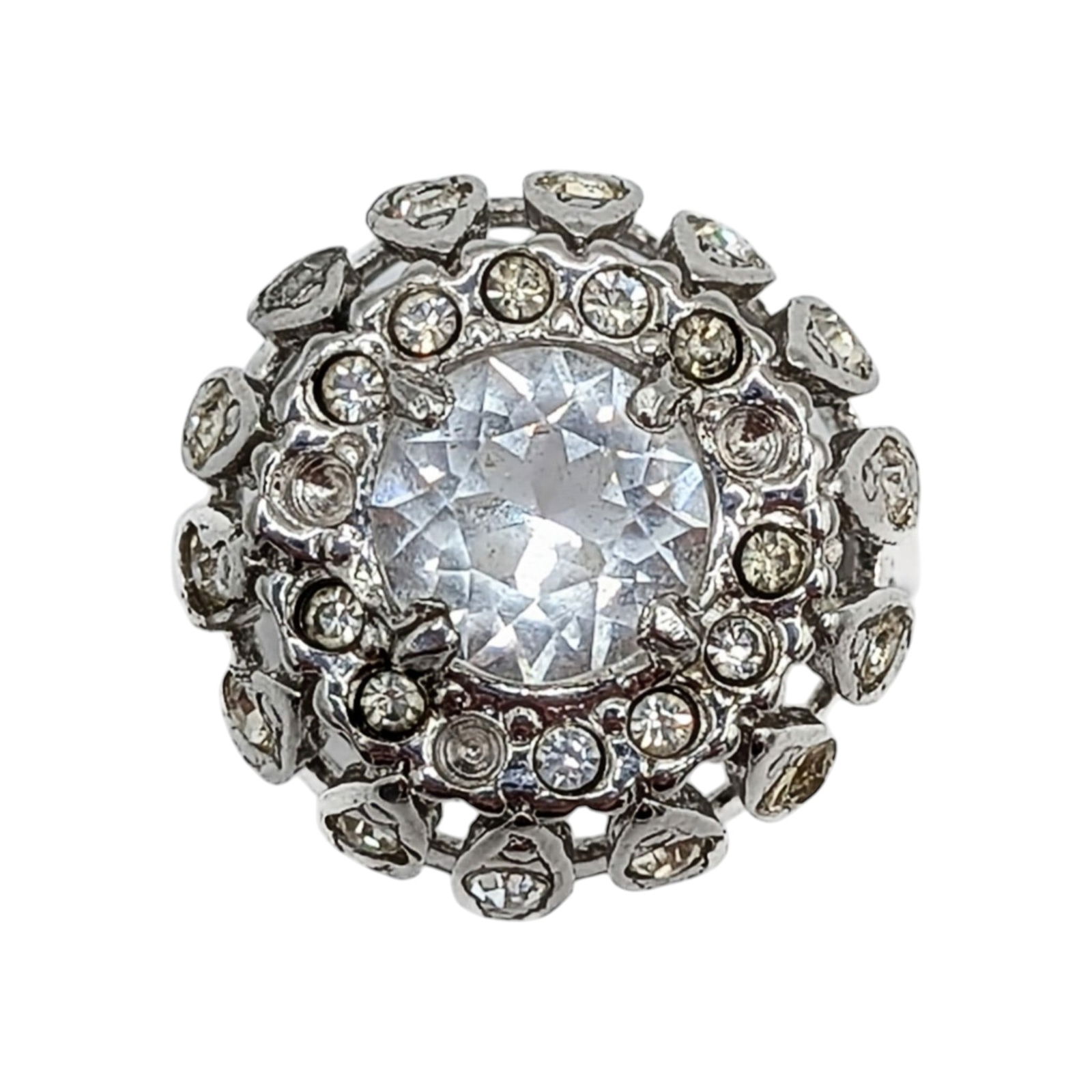 Uncas Sterling Silver Rhinestone Cocktail Ring: Uncas Sterling Silver, Rhinestone Costume Cocktail Ring. Size 5. Signed C with arrow Sterling. 5.7g