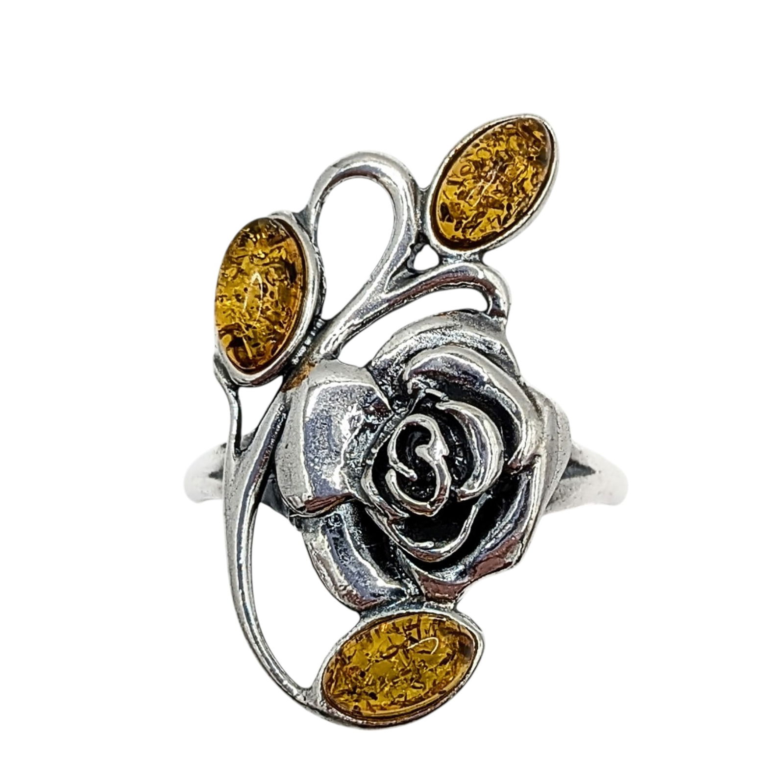 Sterling Silver Amber Rose Ring: Sterling Silver, Amber Rose Ring. Size 10. Signed 925. 4.9g