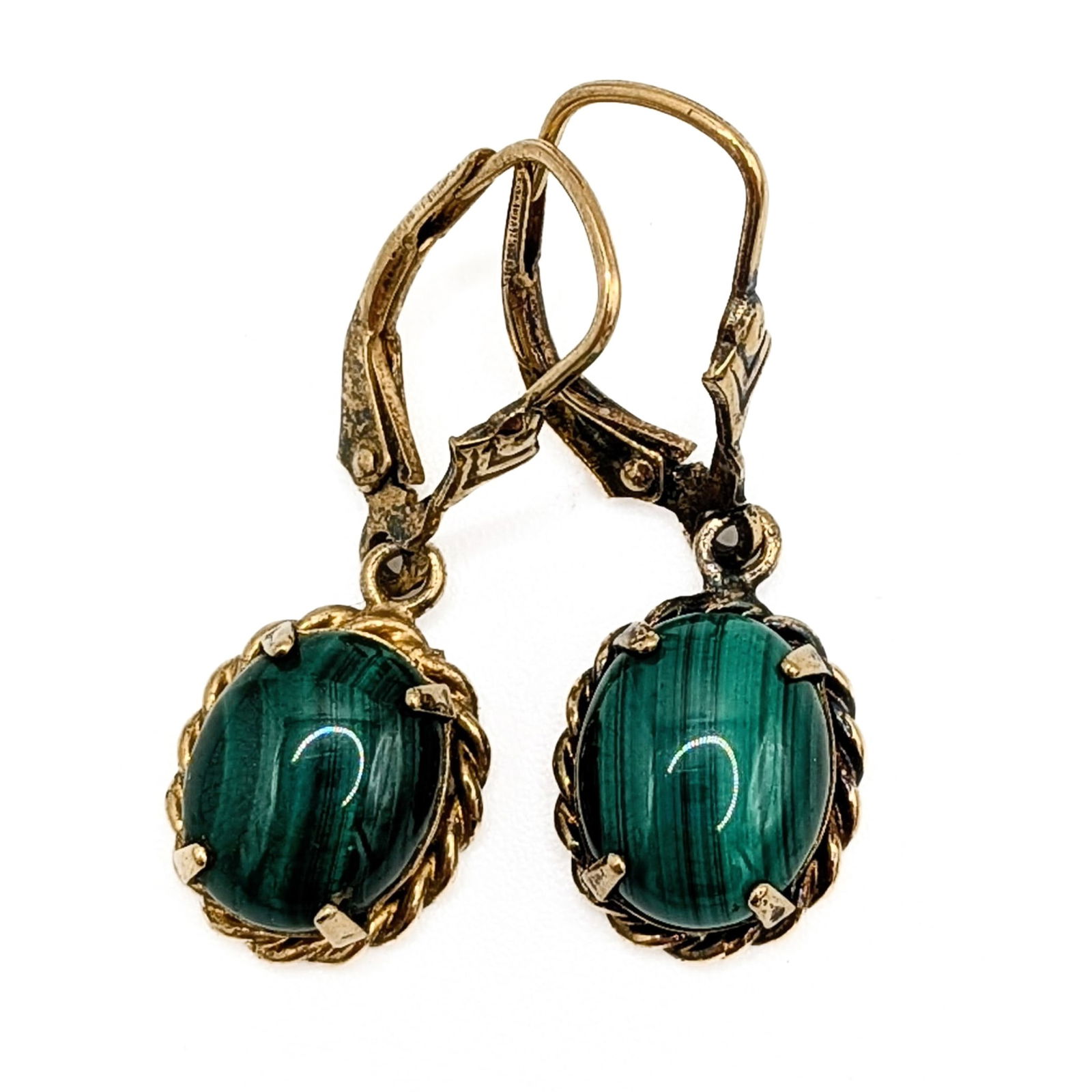 Signed Gold Over Sterling Silver Malachite Dangle Drop Earrings: Signed Gold Over Sterling Silver, Malachite Dangle Drop Earrings. Signed infinity symbol 925. 3g