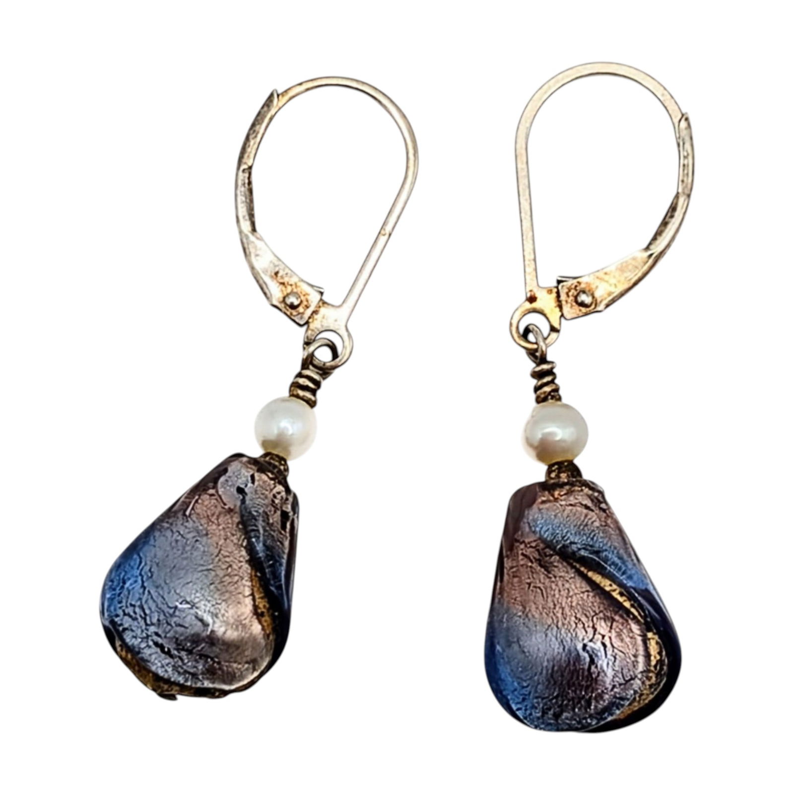 Signed Sterling Silver Pearl Dichroic Glass Dangle Drop Earrings: Signed Sterling Silver, Pearl, Dichroic Glass Drop Dangle Clip Back Earrings. Signed infinity symbol 925. 3.8g