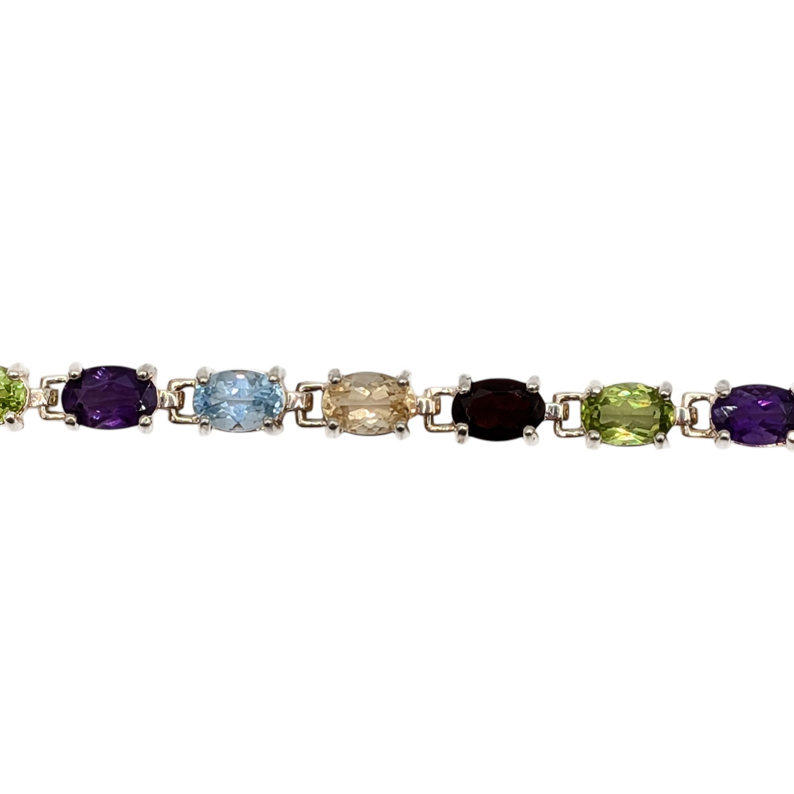 Ross Simons Sterling Silver Multi Gemstone Tennis Bracelet: Ross Simons Sterling Silver, Amethyst, Citrine, Garnet, Peridot, Topaz Tennis Bracelet. 8in Length. Signed R 925 China. 8.7g