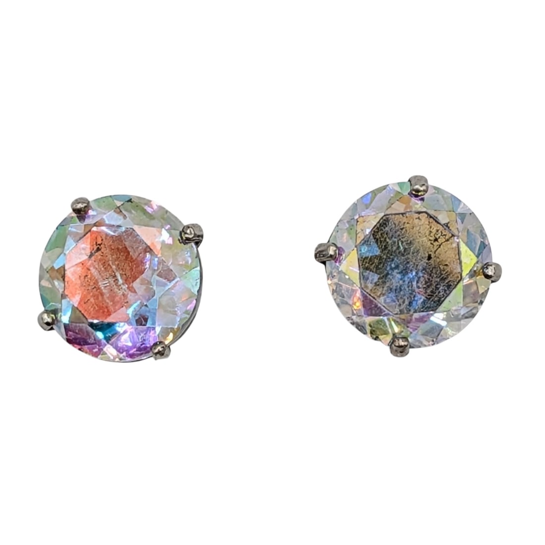 Sterling Silver Iridescent Rhinestone Stud Earrings: Sterling Silver, Iridescent Rhinestone Stud Earrings. Signed 925. 2.5g