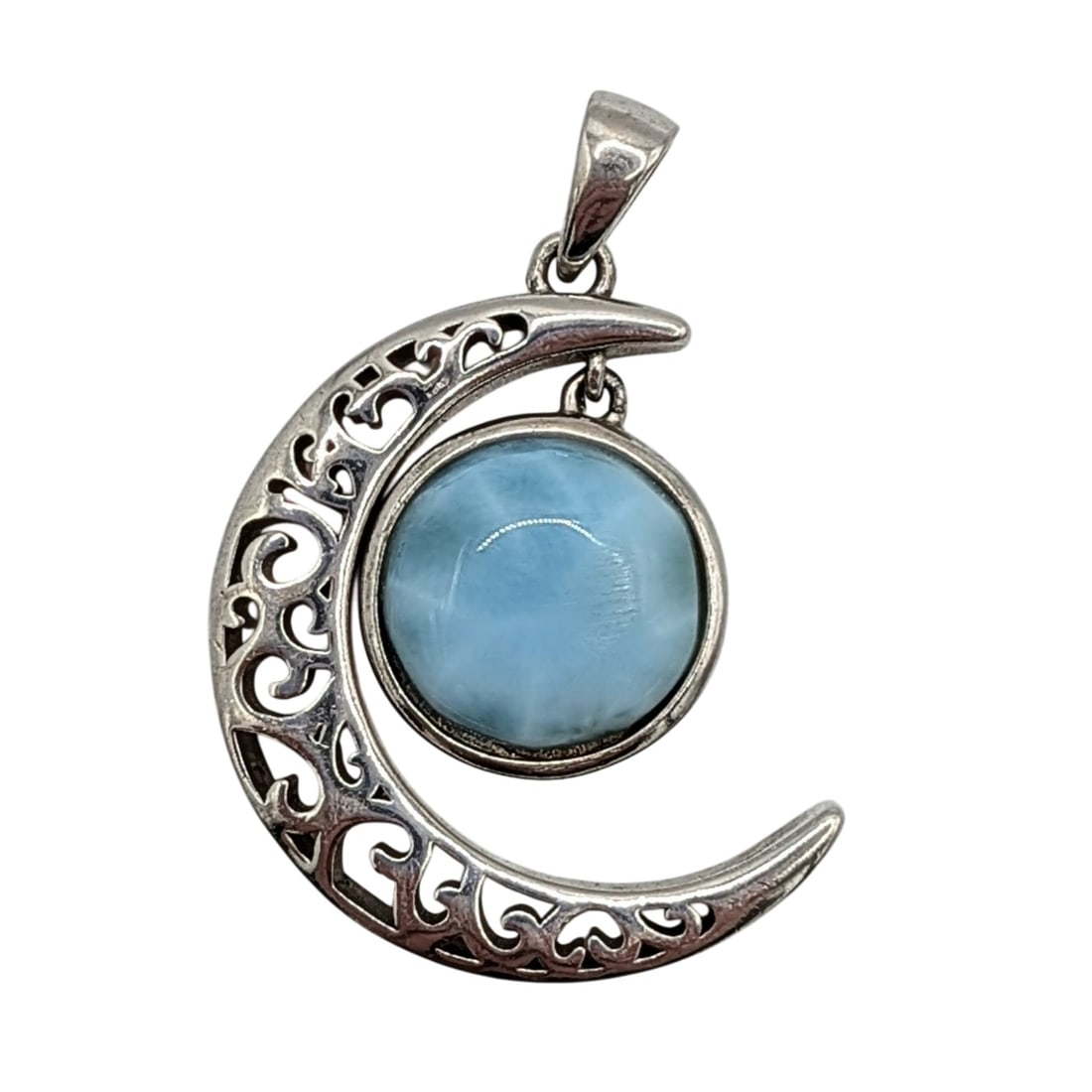 Signed Sterling Silver Larimar Sun/Moon Pendant: Signed Sterling Silver, Larimar Scroll Cut Sun/Moon Pendant. Signed P.Cana 925. 5.4g
