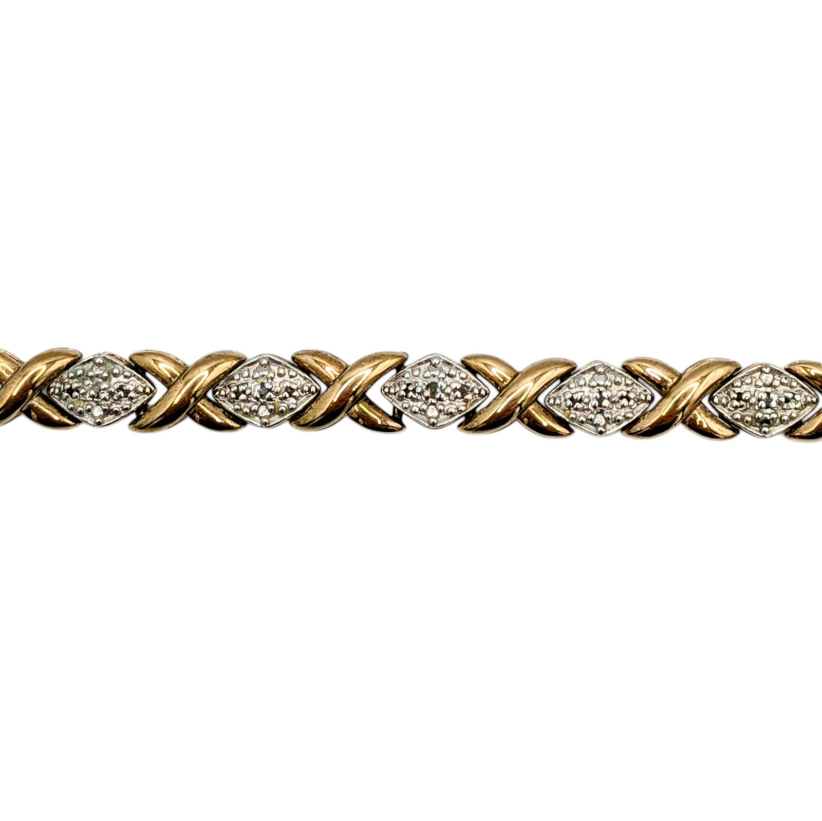 Signed Gold Over Sterling Diamond X Link Tennis Bracelet: Signed Gold Over Sterling Silver, Diamond X Link Tennis Bracelet. 8.25in Length. Signed M 925 China. 16.8g
