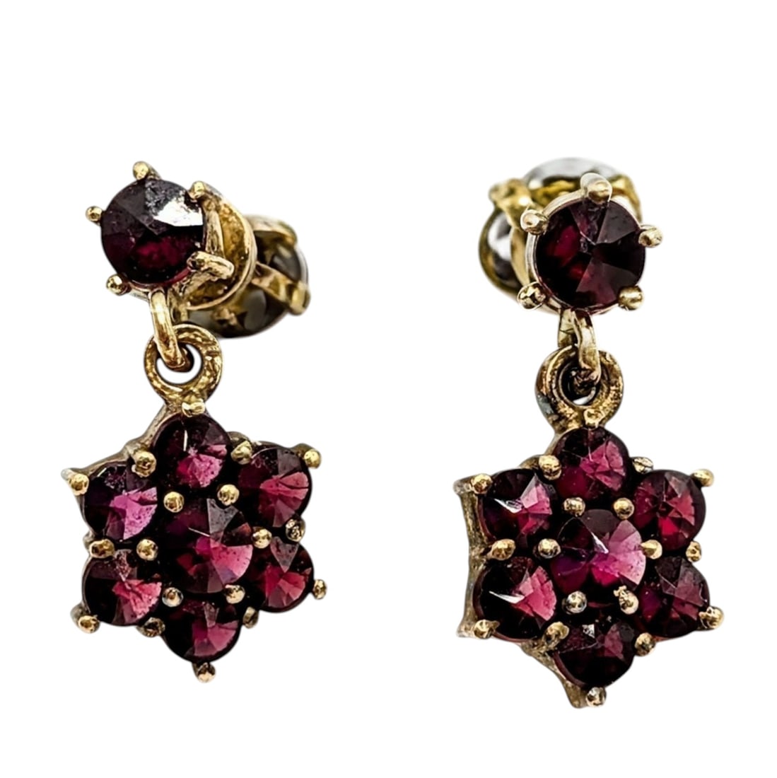 Antique European Vermeil Sterling Bohemian Garnet Dangle Stud Earrings: Antique European Vermeil Sterling Silver, Garnet Bohemian Cluster Dangle Stud Earrings with Screw Backs. Signed 800 G. 2.7g
