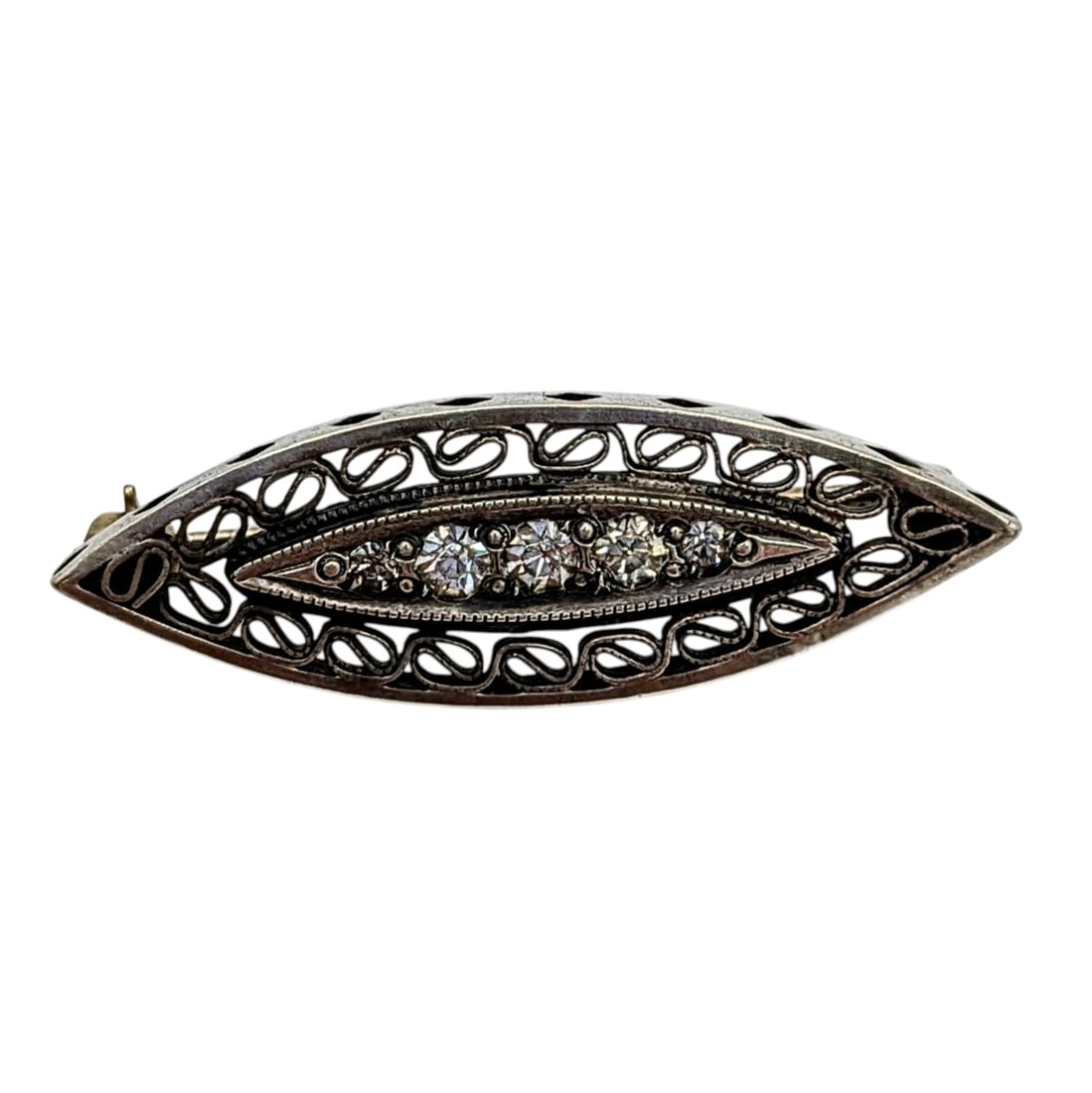 Vintage Sterling Silver Rhinestone Filigree Brooch: Vintage Sterling Silver Rhinestone Filigree Brooch. Unsigned. 2.8g