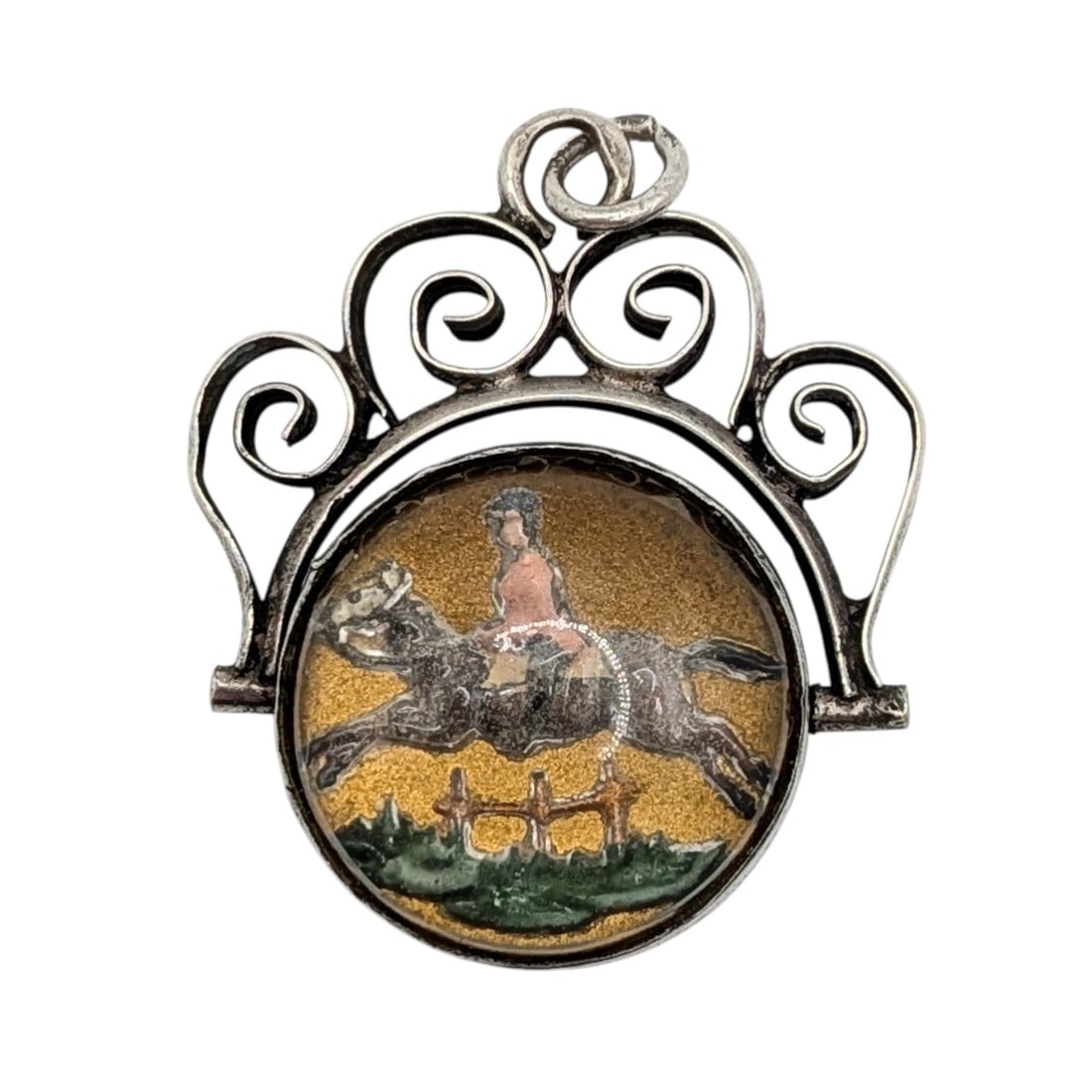 Victorian Sterling Reverse Crystal Intaglio Faux Bloodstone Watch Fob: Victorian Sterling Silver, Reverse Crystal Intaglio, Faux Bloodstone Horse Jumper Watch Fob. Signed K RH Ster. 6.5g