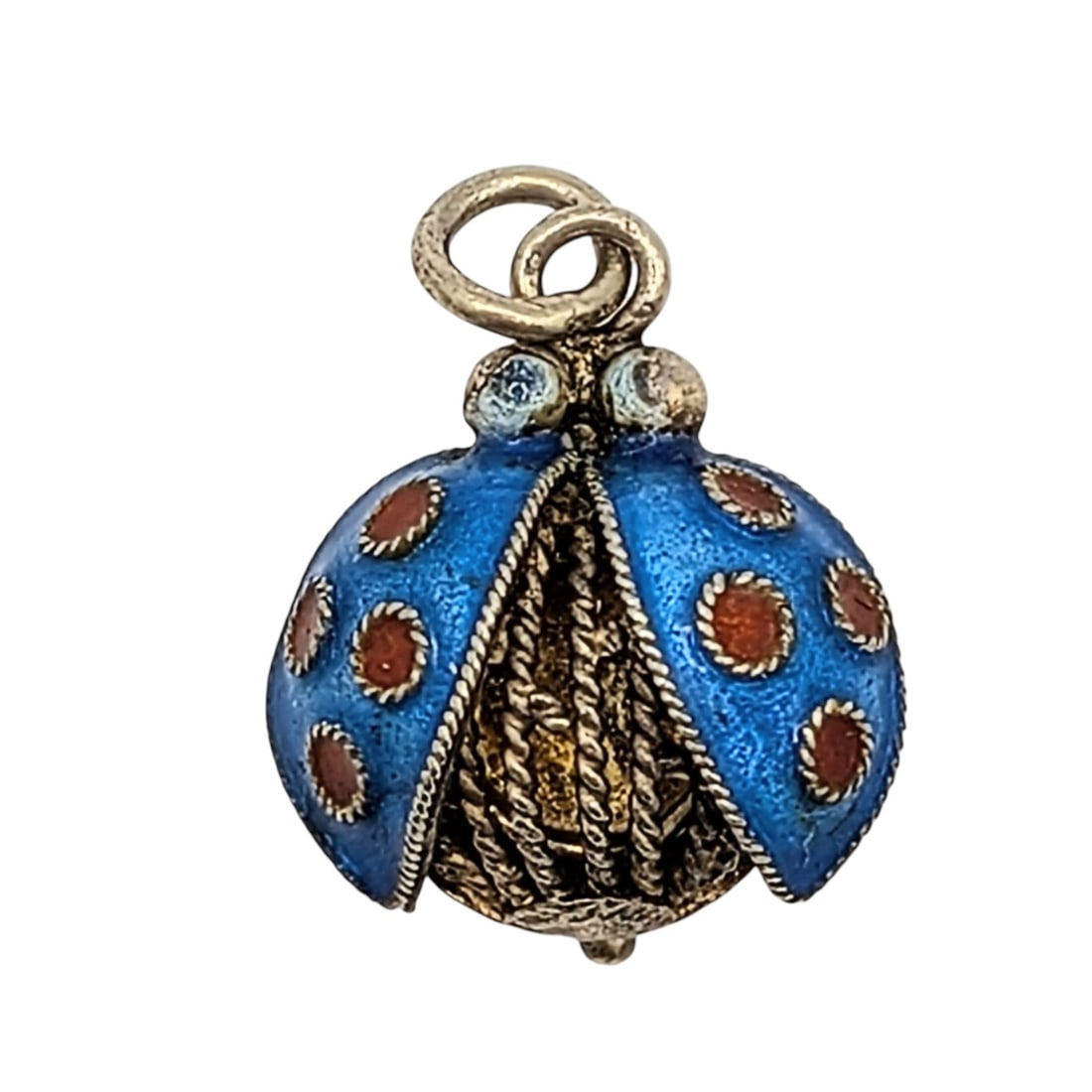 Antique Vermeil Enamel Open Winged Beetle Locket: Antique Vermeil Sterling Silver, Enamel Open Winged Spotted Beetle Locket. Signed Silver. 1.5g