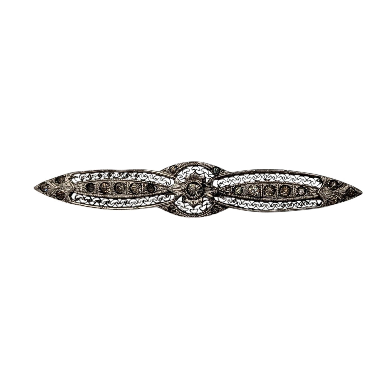 Antique Sterling Silver Rhinestone Filigree Collar Brooch: Antique Sterling Silver, Rhinestone Long Filigree Collar Brooch. Signed Sterling. 7.6g