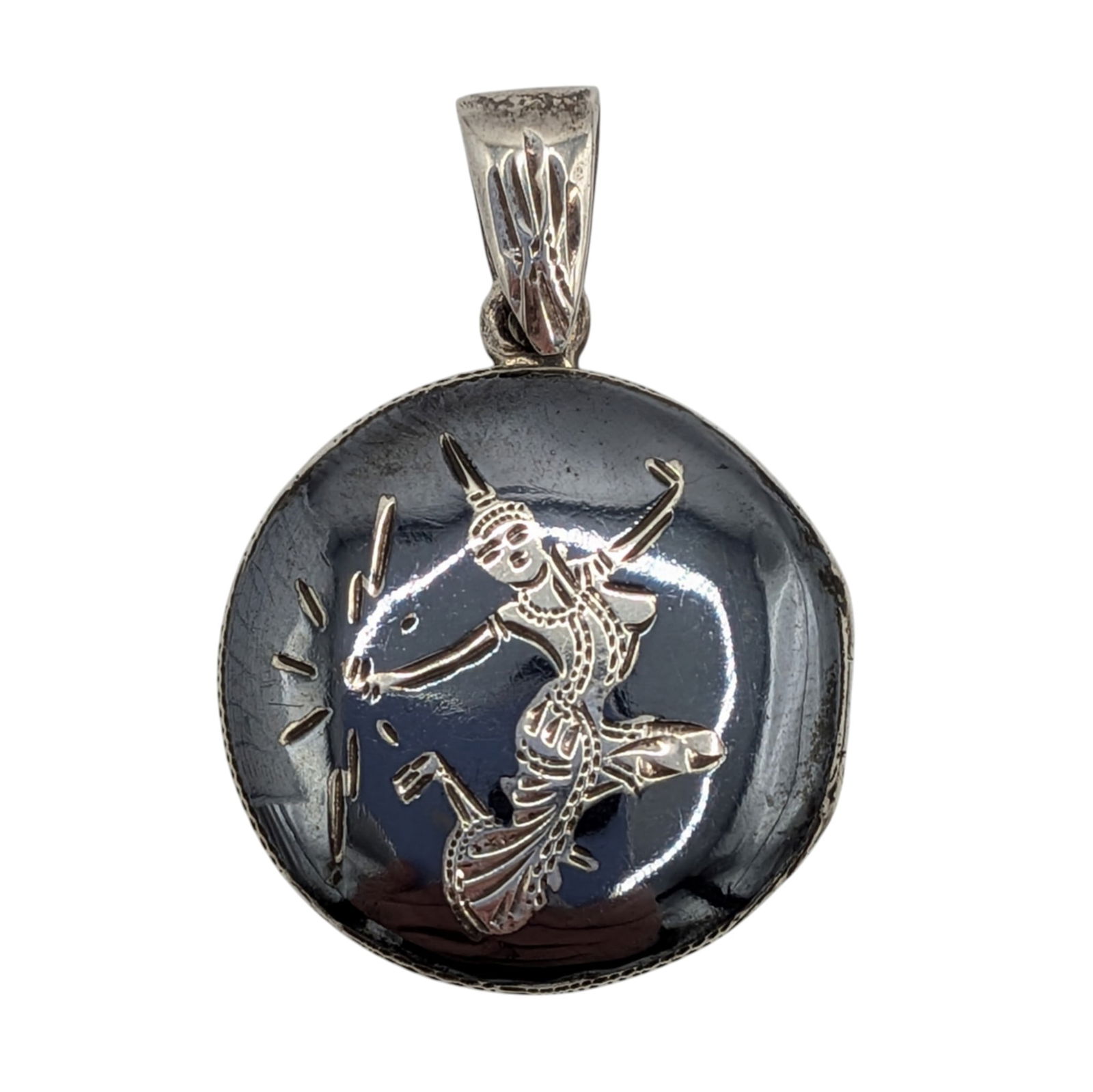 Siam Sterling Silver Engraved Niello Mekkala Goddess Locket: Siam Vintage Sterling Silver Engraved Niello Mekkala Goddess Locket. Signed S Siam Sterling. 5.4g