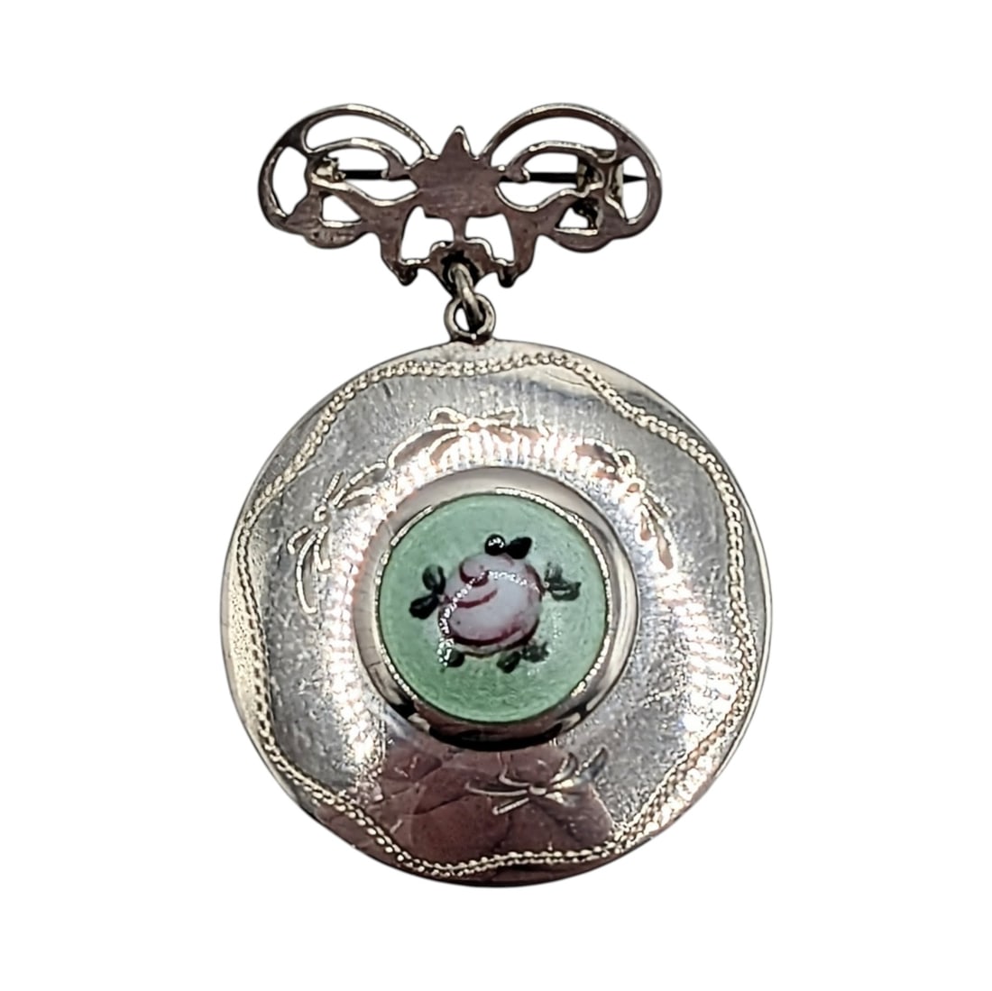 Vintage Sterling Silver Guilloche Enamel Rose Locket Brooch: Vintage Sterling Silver Guilloche Enamel Rose Locket Dangle Brooch. Signed Sterling. 12g