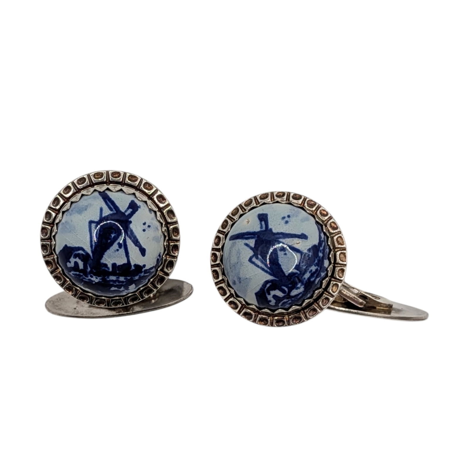 GJ Van Den Bergh Jr. Sterling Delft Porcelain Windmill Cufflinks: GJ Van Den Bergh Jr. Sterling Silver, Delft Porcelain Windmill Cufflinks. Signed sword symbol 835 GB5. 7.6g
