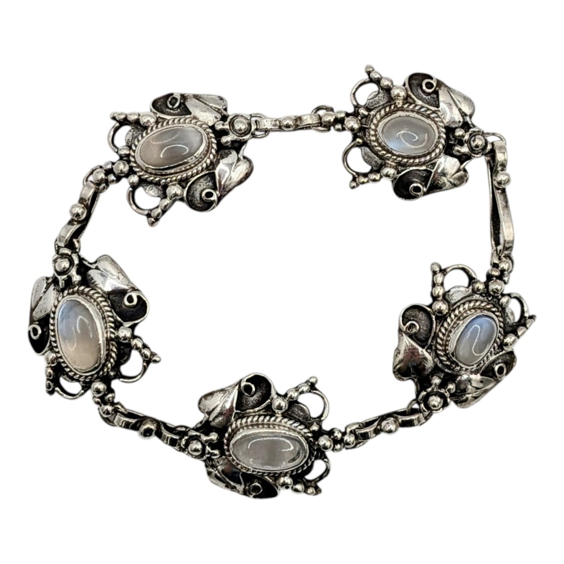 Antique Sterling Silver Moonstone Leaf Detail Link Bracelet: Antique Sterling Silver Moonstone Leaf Detail Link Bracelet. 8.5in Length. Signed Sterling. 31.2g