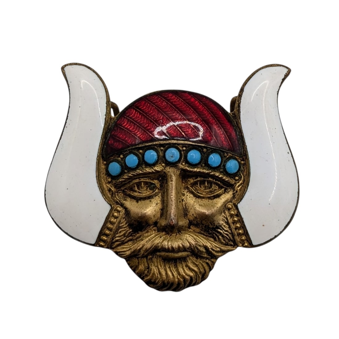 Antique Gold Tone Metal Enamel Masonic Shriner Viking Fez Hat Pin: Antique Gold Tone Metal, Enamel, Glass Turquoise Masonic Shriner Viking Head Fez Hat Pin. Unsigned. 14.4g