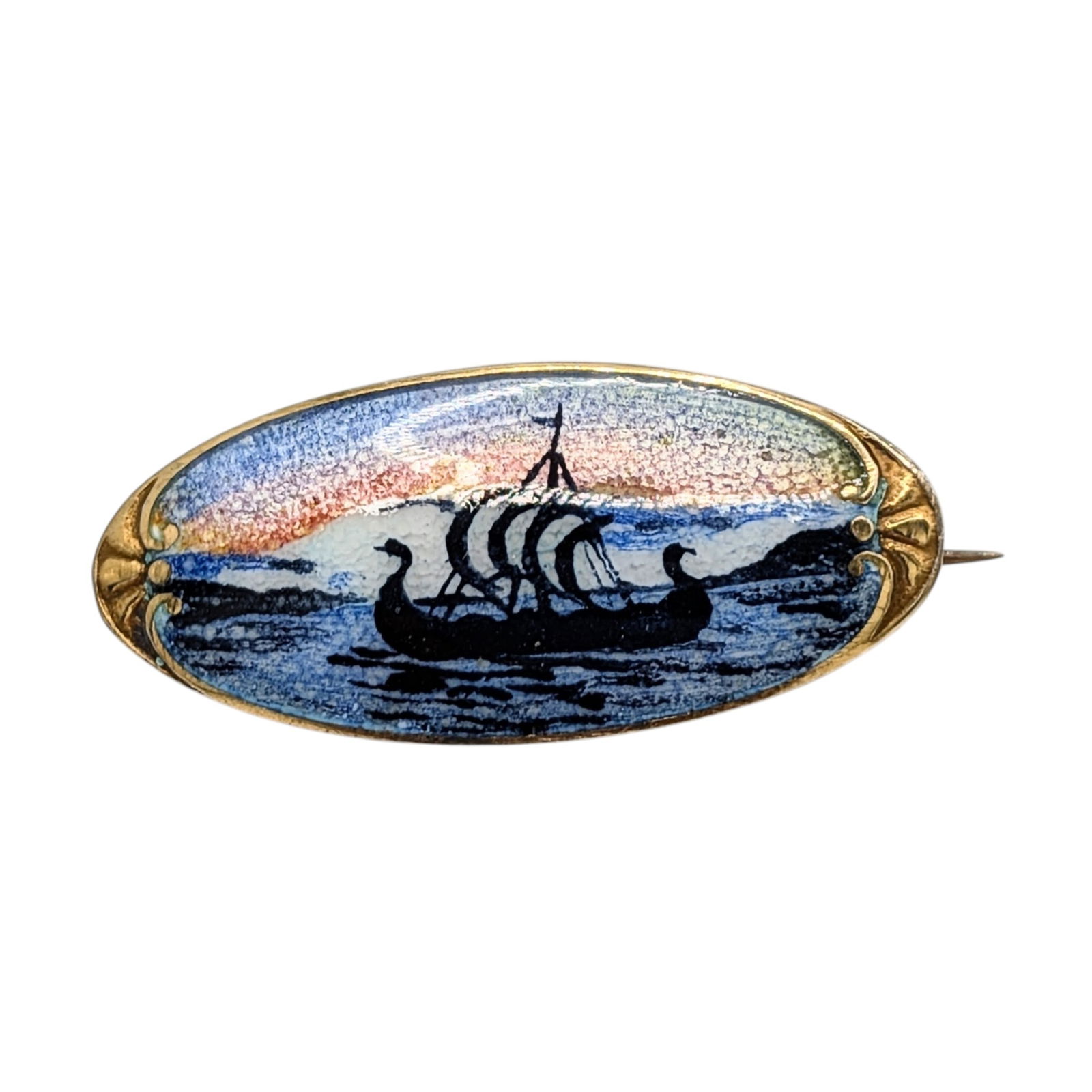 Antique Signed Gold Over SIlver Limoge Enamel Ship Brooch: Antique Signed Gold Over Sterling Silver, Limoge Enamel Viking Ship Brooch. Signed KS 925. 3.7g